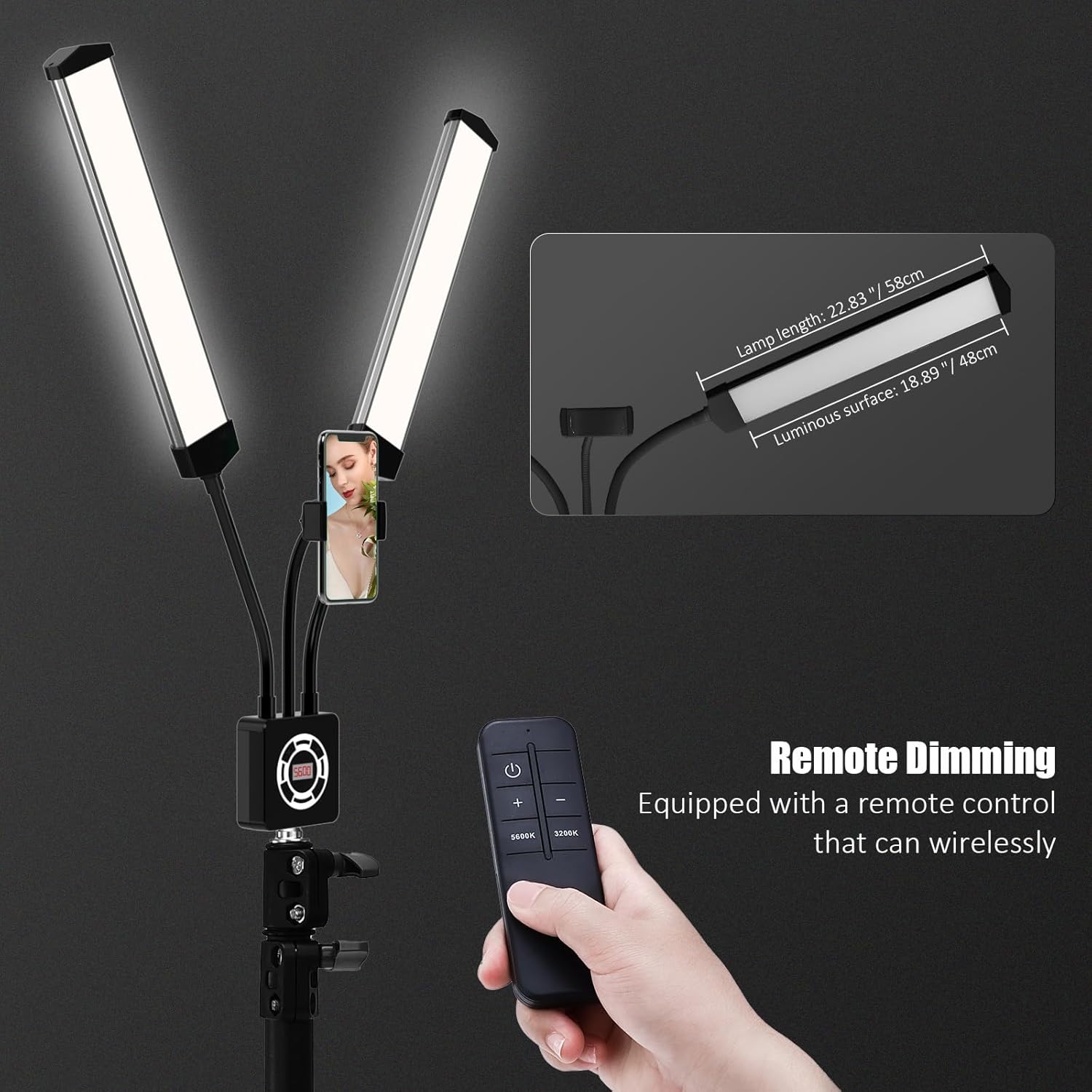 Esthetician Light with Tripod Stand and Phone Holder, Floor Lamp, Lash Lamp for Eyelash Extensions, [Upgrade] Touch Switch Lash Light for Makeup, Tattoo, Photography, Selfie, Video Recording（Black）