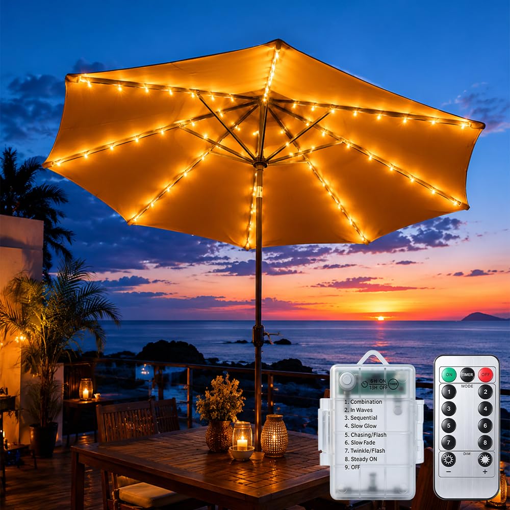 Luces LED para Sombrilla de Terraza Exterior, Guirnalda Impermeable IP65 con Mando a Distancia 8 Modos, Iluminación Recargable para Jardín, Sombrillas y Patio, Blanco Cálido (104 LED, 8 Tiras)