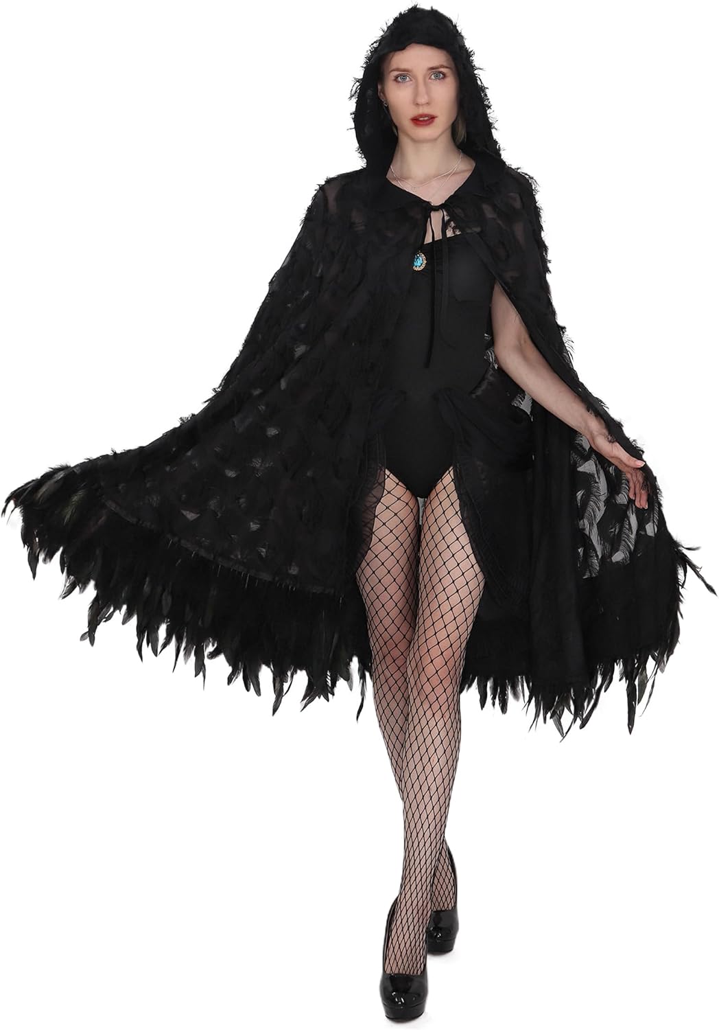 FURPHI Women's Gothic Hooded Cloak with Feather Hem Vampire Witch Cape Halloween Cosplay Costume