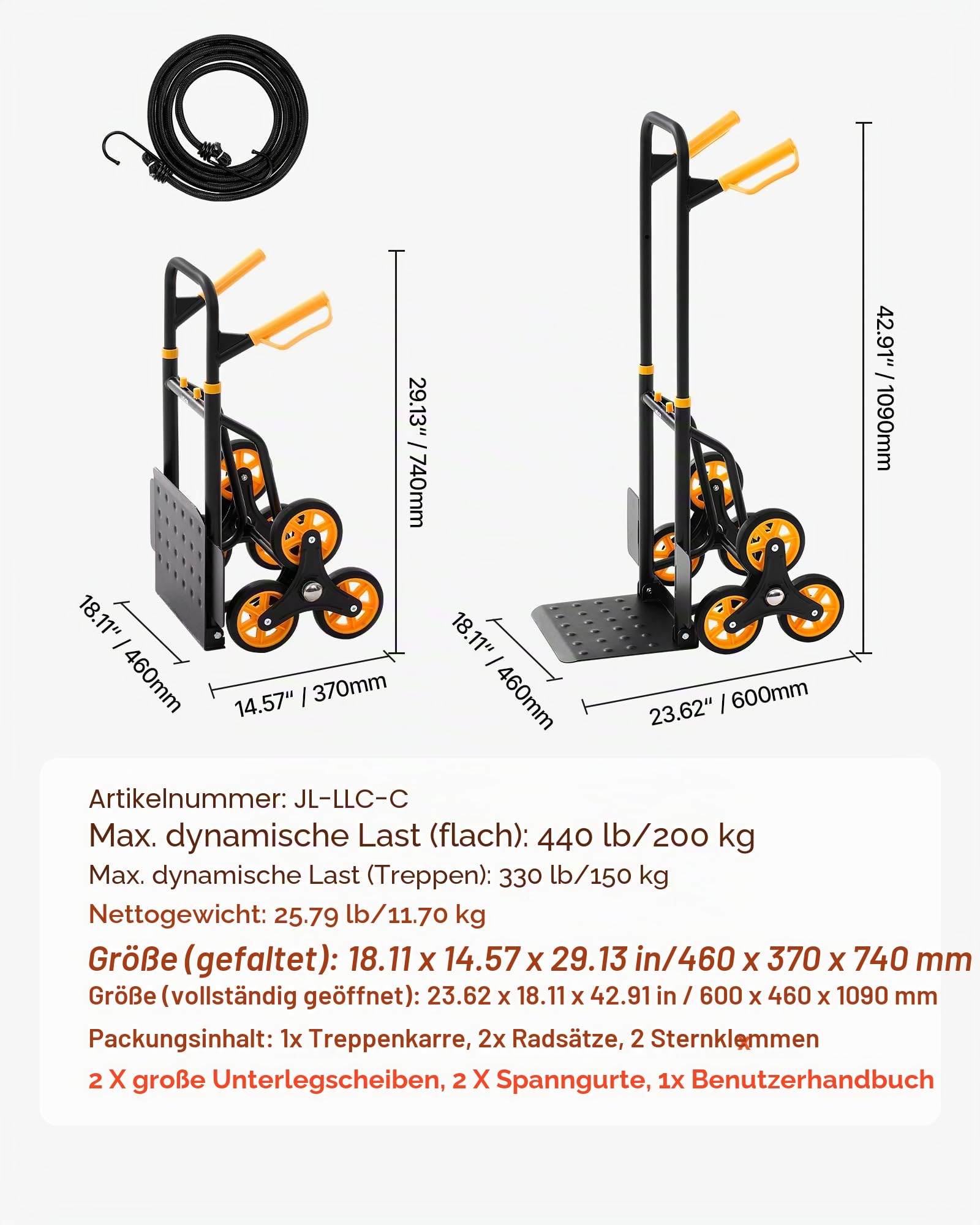 VEVOR Treppensackkarre klappbar, Sackkarre 150 kg Tragkraft, Treppensteiger mit 6 Rädern & 2 Spanngurten, Transportkarre, Treppenkarre, Stapelkarre, ideal für Haushalt, Einkauf & Lager