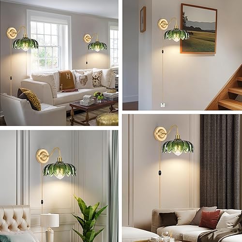 Miniatura 7 de Juego de 2 apliques de pared enchufables, aplique de pared vintage con pantalla de cristal verde tulipán, aplique de pared ajustable de 180