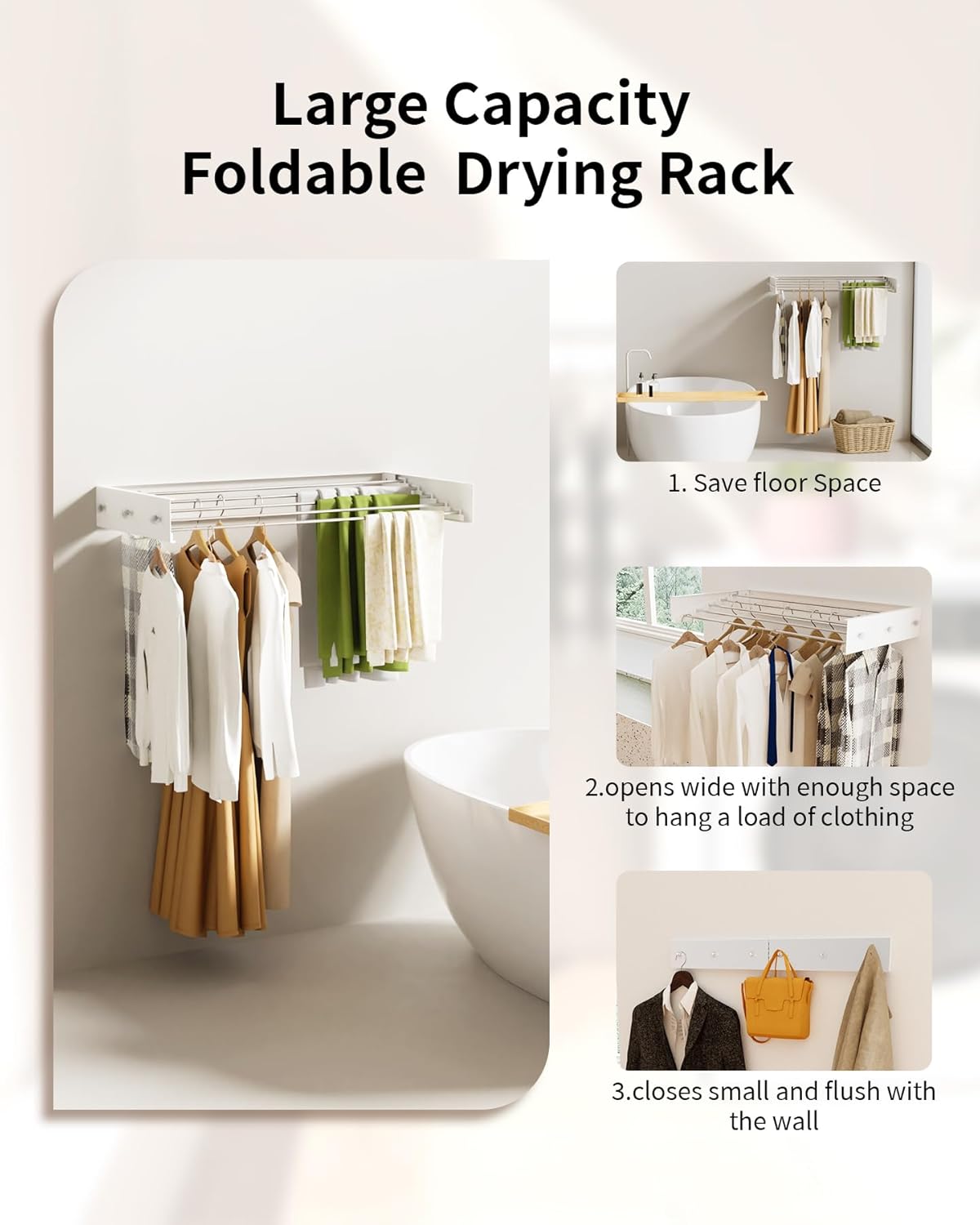 YLGJ&TIDY Wall Mounted Clothes Drying Rack, 31.5" Laundry Drying Rack, Clothes Drying Rack Foldable with 5 Rods 6 Hooks,Floor Space Saving Dry Rack for Clothes