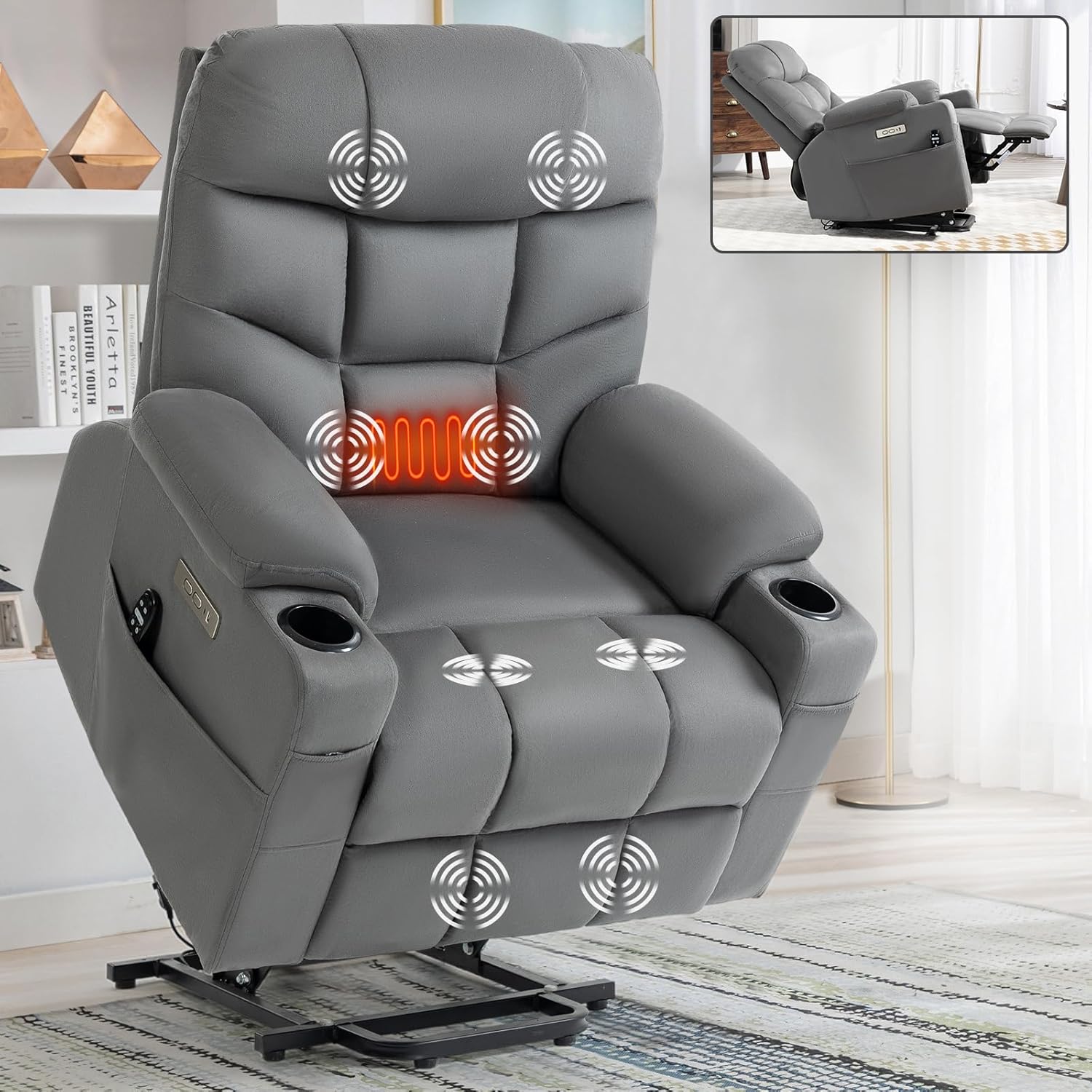 Dual Motor Power Lift Recliner Chair with Massage and Heat for Elderly People, Sleeping Recliner with Infinite Position, Type-C & USB Ports, Recliner Chair, Fabric Lift Chair (Cream-Gray)