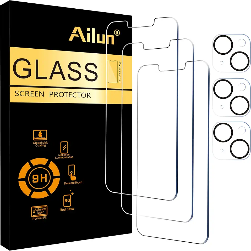 Ailun 3 Pack Screen Protector for iPhone 14[6.1 inch] + 3 Pack Camera Lens Protector,Case Friendly Tempered Glass Film,[9H Hardness] - HD