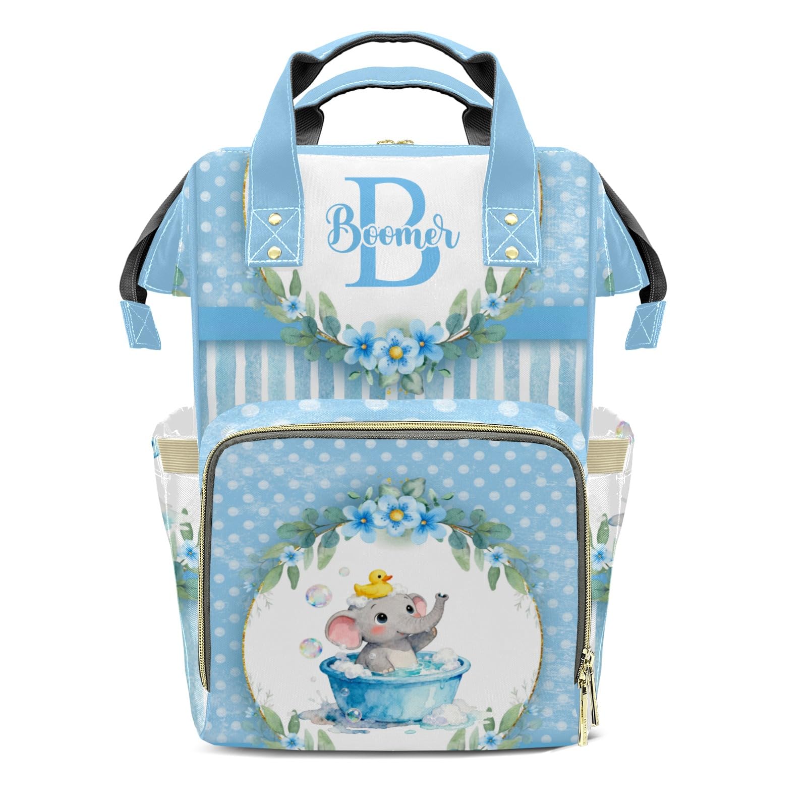 Personalized Diaper Bag Backpack Name Watercolor Floral Wreath Dot Elephant Multifunction Travel Backpack Nappy Bag Daypack for Mom Dad Boy Girl