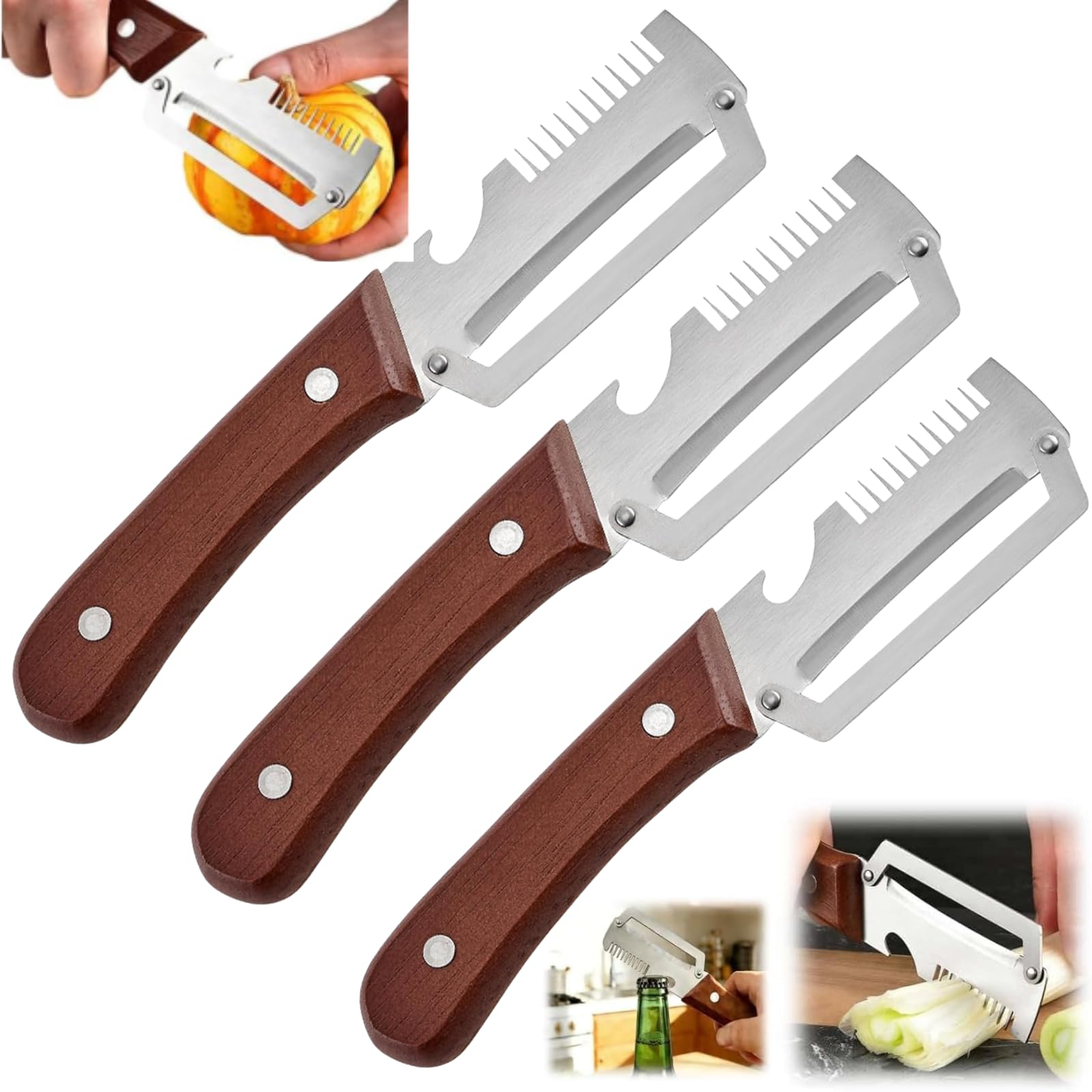 Multifunctional Vegetable Peeler for Kitchen, 2026 New Stainless Steel Peeler with Wooden Handle and Bottle Opener, 3 in 1 Veggie Slicer for Potato Apple Carrot Pumpkin (3in1-Coffee-3pcs)