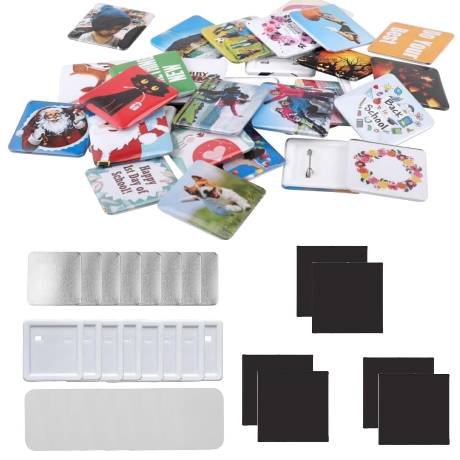 Kit de piezas de máquina para hacer botones, 200 juegos de espacios en blanco cuadrados de 50 x 50 mm, incluye cubierta de metal, parte trasera de plástico, película transparente, papel en blanco