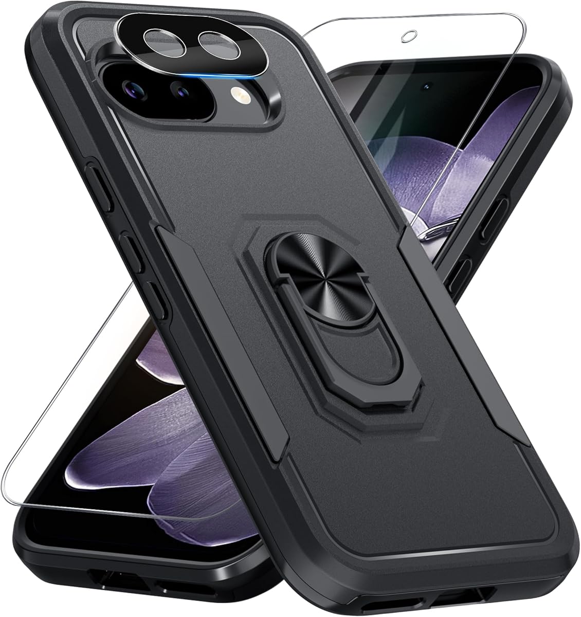 for Google Pixel 9a Case with Screen Protector+Camera Lens Protector,Heavy Duty Shockproof Full Body Protective Cover Built in Rotatable Metal Ring Holder Kickstand,2025 Black Matte
