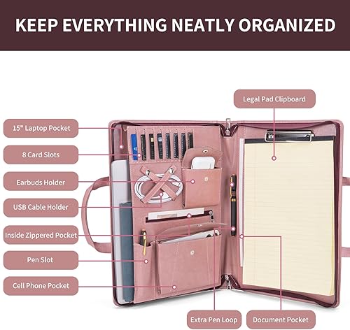 Miniatura 7 de Cartera de cuero vegano con asa y portapapeles, bloc legal (8.5 x 14 pulgadas), portafolio de cuero con cremallera, 8 ranuras para tarjetas,
