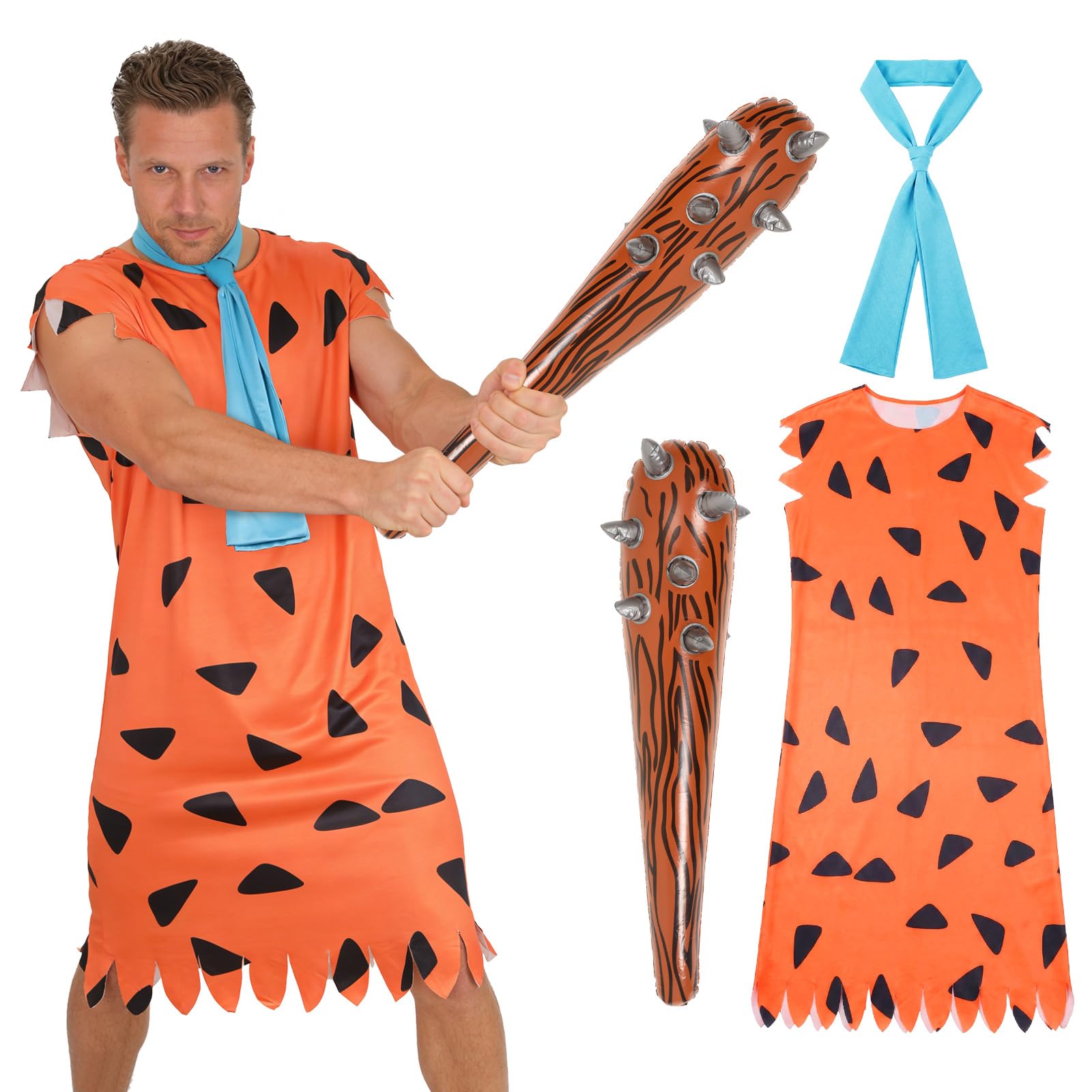 Hyelntu Caveman Costume for Men Adult Halloween Orange Cartoon Prehistoric Stone Age Costume with Blue Tie Inflatable Stick