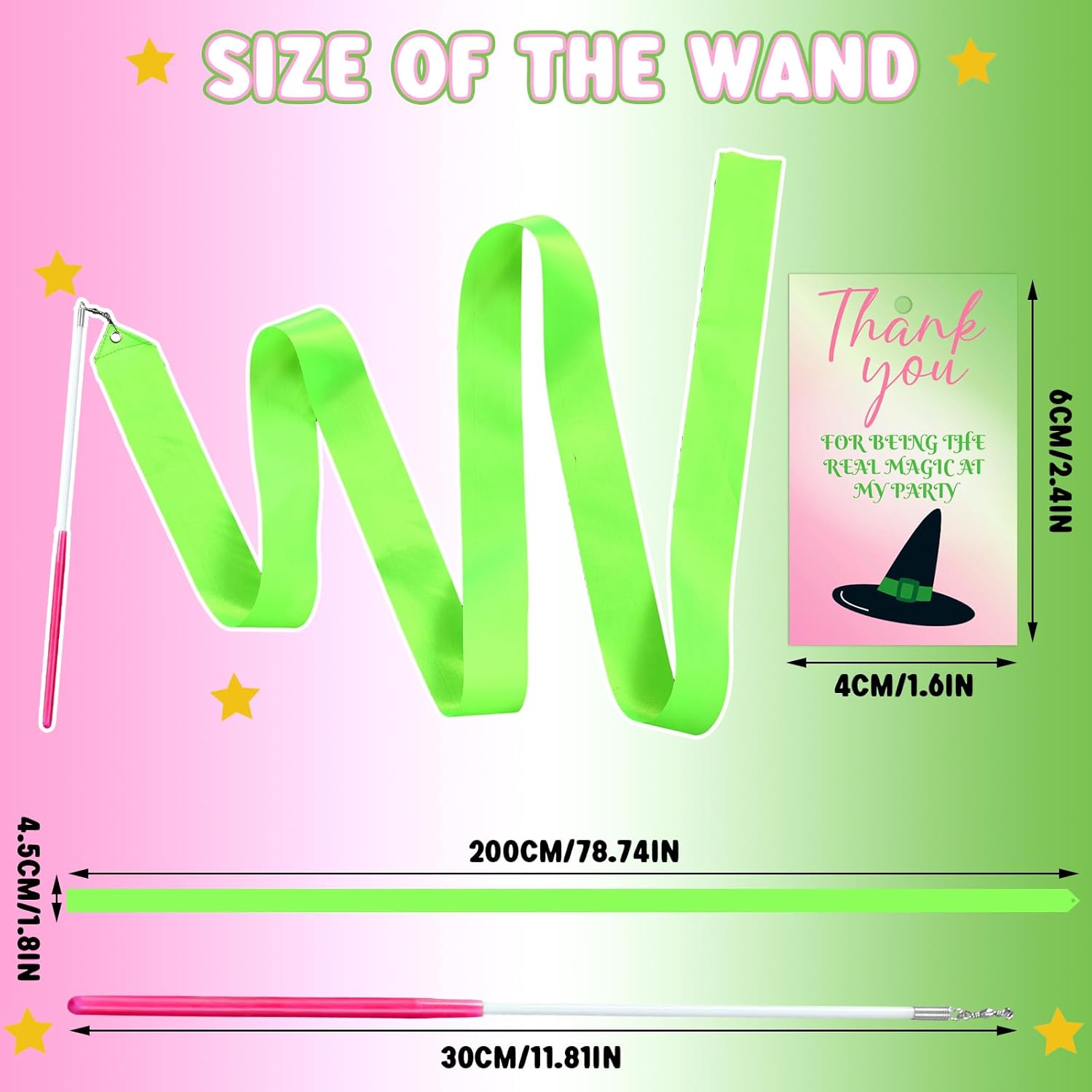 Soulchen 20 Pack Pink and Green Witch Party Favors Witch and Theme Wands with Thank You Cards Pink Green Dance Ribbons Birthday Party Favors Dance Streamers Gift(Magic)
