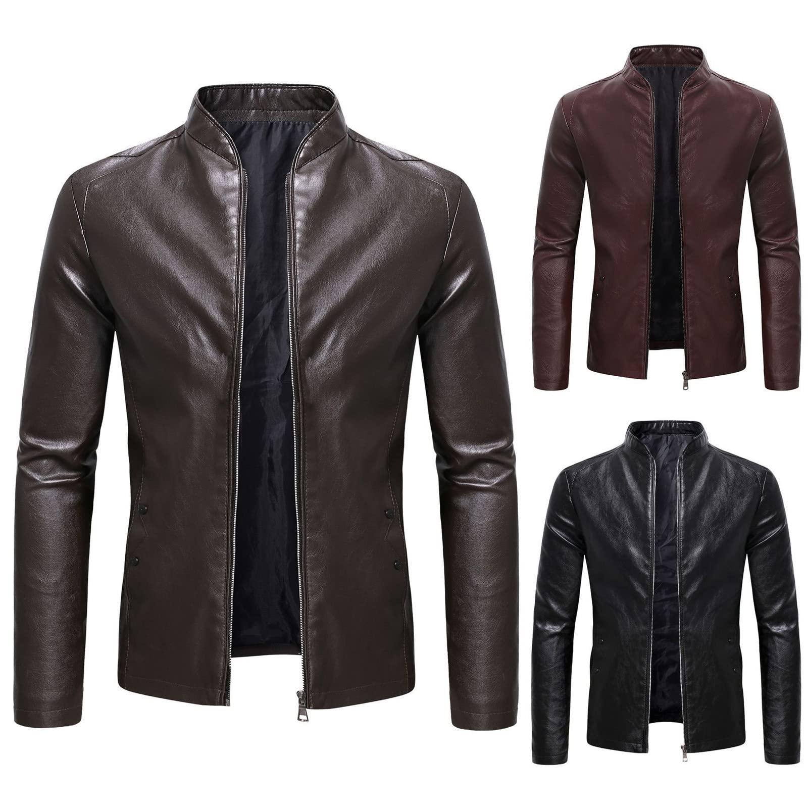 Blazer Giacca da uomo con colletto alto e maniche lunghe monopetto tuta autunno inverno abito da lavoro formale vita ritirata tunica camicetta per uomo M 5XL, Caffè in pelle, M