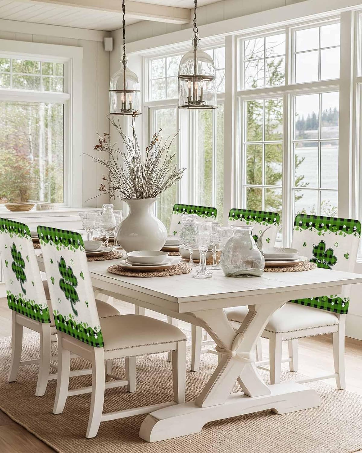 St. Patrick's Day Dining Chair Back Covers, Lucky Shamrock Leaves Green Black Plaid Irish Decoe Chair Covers Chair Slipcovers Protective Covers for Holiday Party Festival Decoration, Set of 4