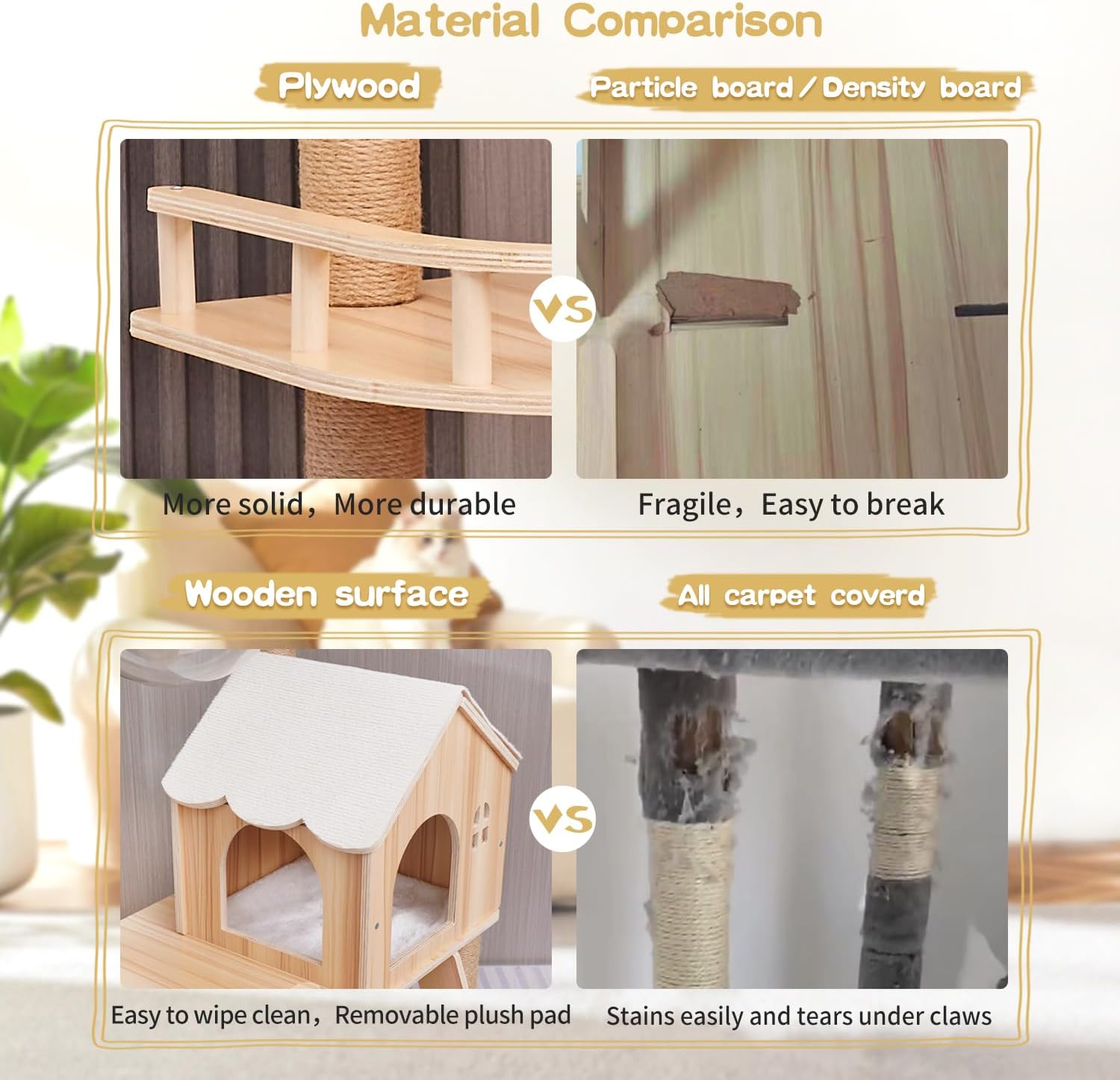 Cat Tree, Wood Cat Tree Tower for Indoor Cats, 47.3" Modern Cat Tower with Sisal-Covered Scratching Posts and Top Perch，Cat Condo with Acrylic Hammock for Small Large Cats