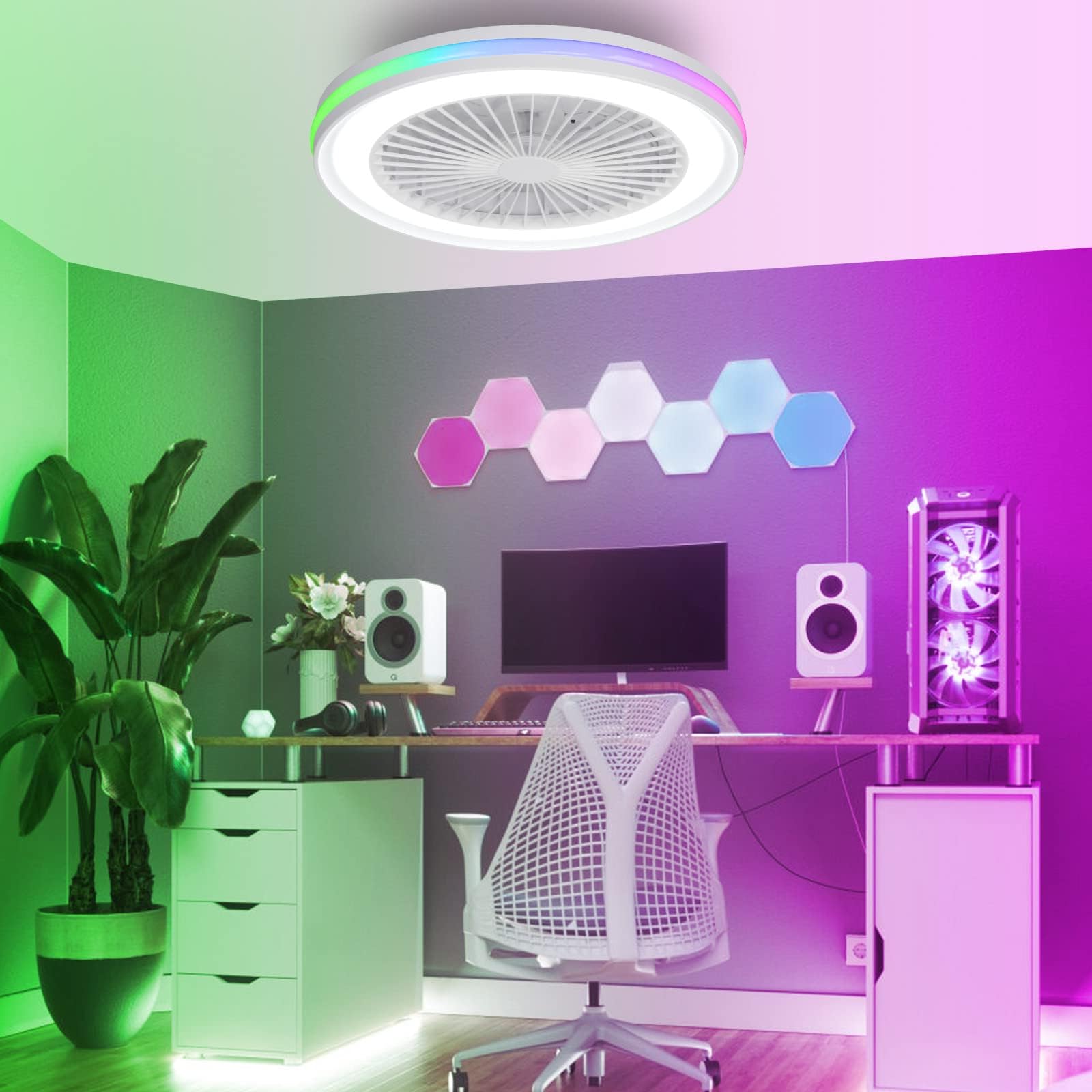Nowoczesna Wentylator Sufitowy z Lampą, Cichy Silnik DC 20W, LED RGB Lampa Sufitowa z Wentylatorem, 40W 3800LM, Ściemnialna 3000-6000K, 6 Prędkości, Tryb Lato/Zima, Pilot Zdalnego Sterowania i Timer