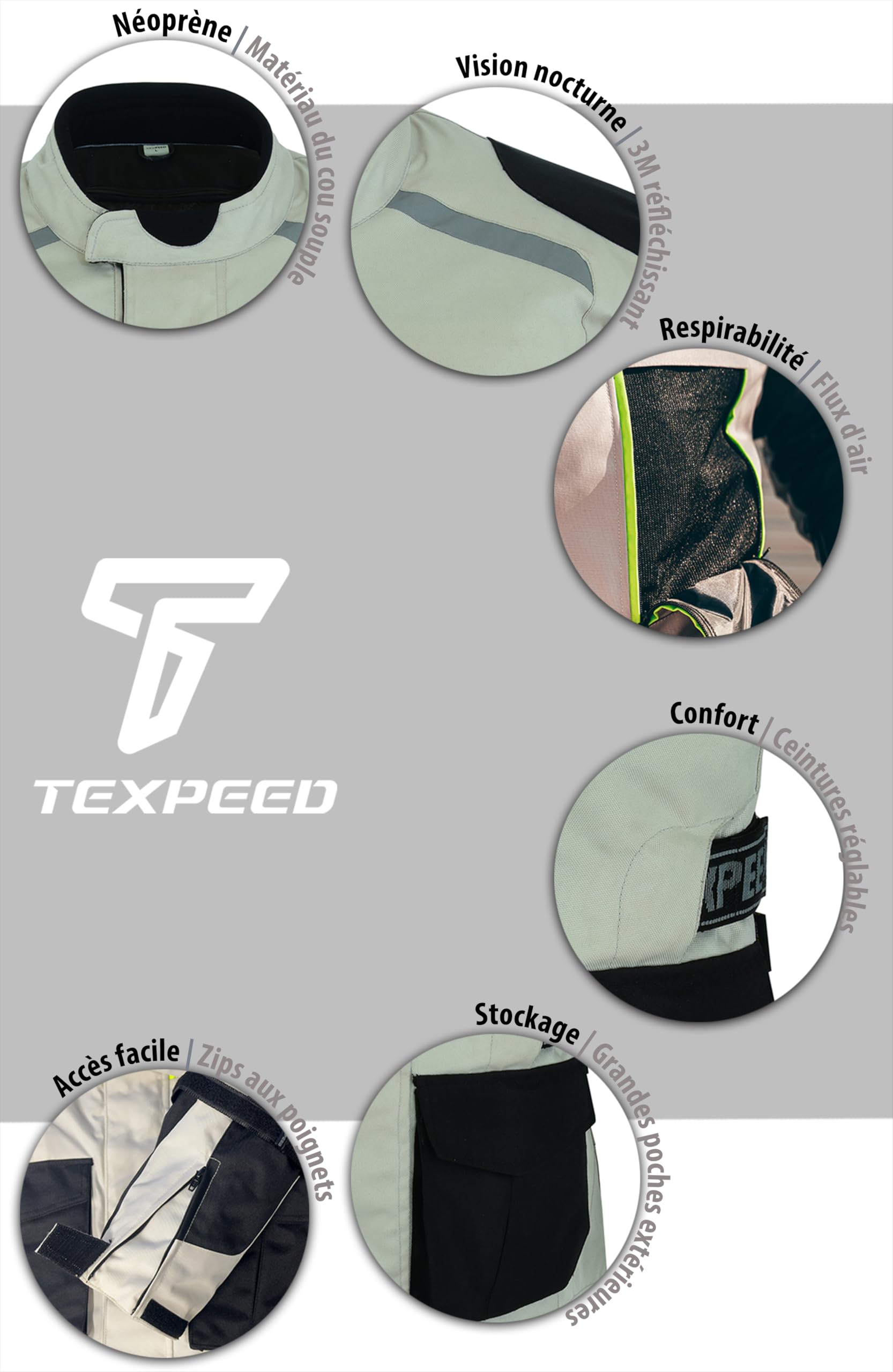 Texpeed Veste moto homme homologué avec armure protection - Hiver/été blouson motard imperméable étanche avec blindé CE (EN 1621-1) Blanc cassé/Gris - XL