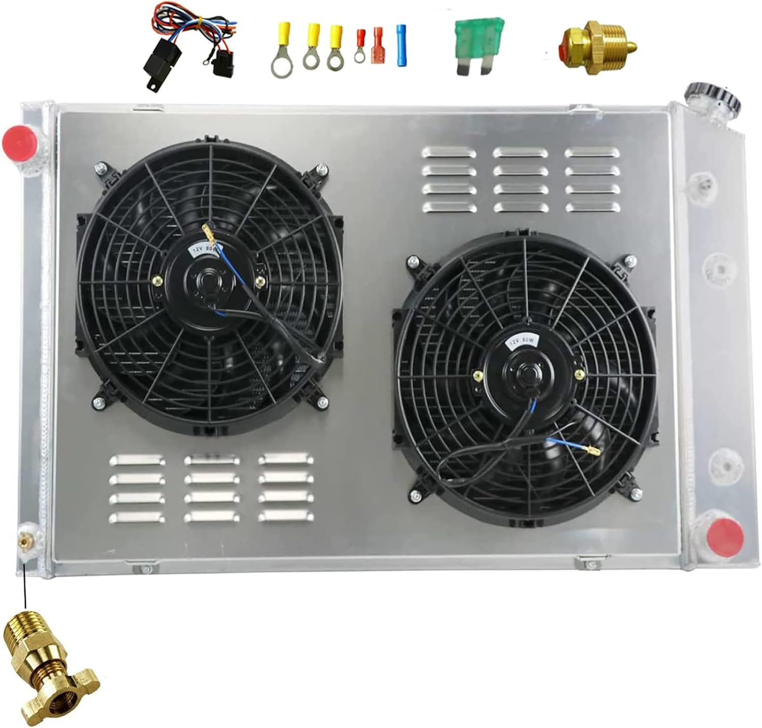 4 Row Aluminum Radiator with Shroud Fan Relay kit for 1973-1991 Chevy GMC C K C10 10 20 30 C1500 C2500 C3500 Jimmy Blazer Truck Pickup Suburban Radiators