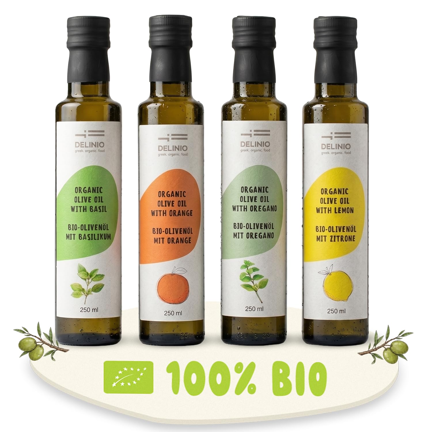 Utry.me Olivenöl kaltgepresst 4x250ml - extra nativ - Probierset griechisches Olivenöl verfeinert mit Basilikum, Zitrone, Orange & Oregano – mit Dosierkappe, inkl. UTRY.ME Gutschein