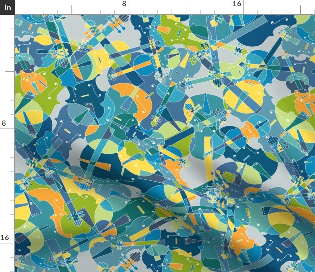 Spoonflower Fabric - Blue Green Orange Yellow Grey Music Musical Instrument Strings Violin Printed on Petal Signature Cotton Fabric by The Yard - Sewing Quilting Apparel Crafts Decor