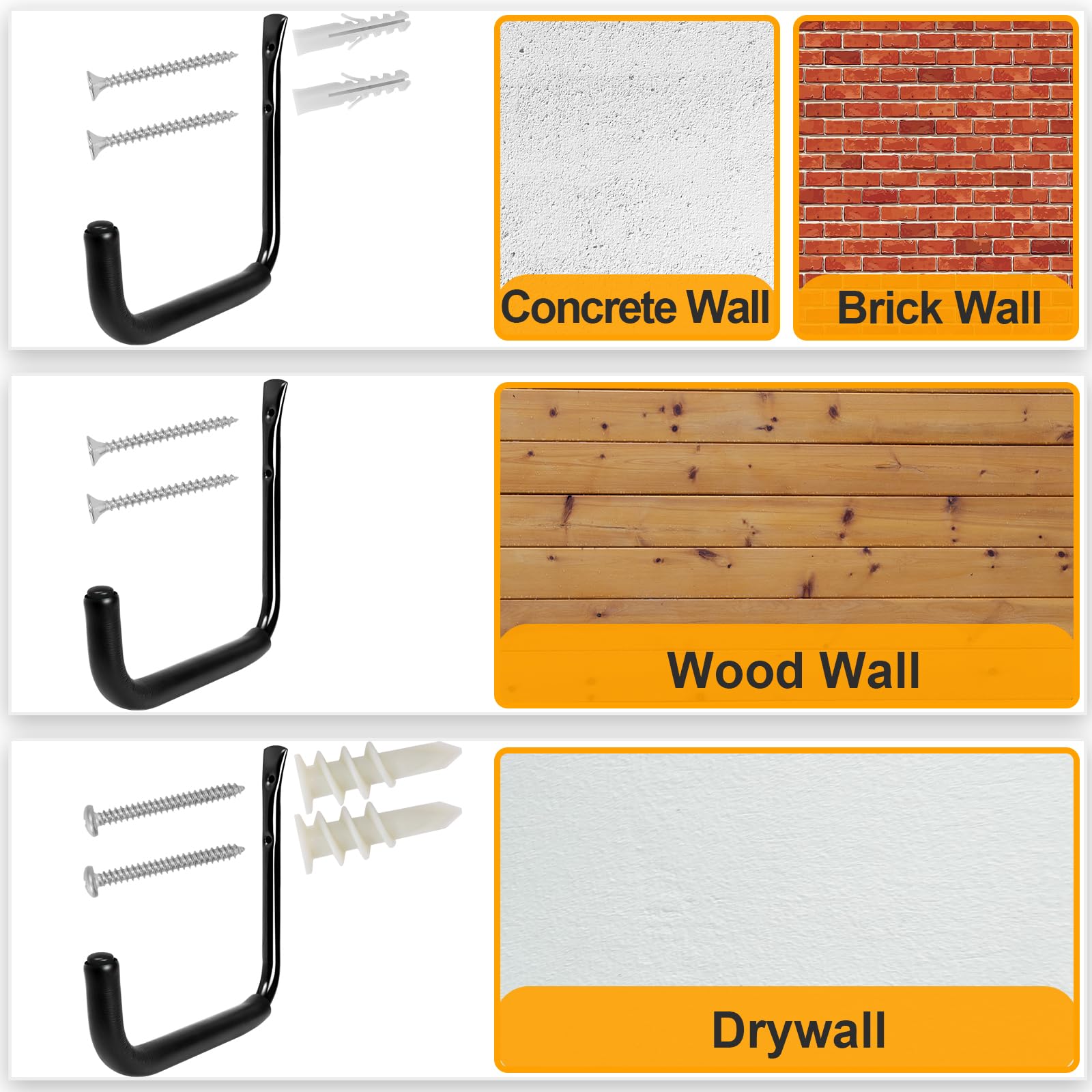 KURUI Ganchos de pared para organización de garaje de 10 pulgadas, soporte de manguera de agua resistente de 66 libras para colgar escaleras, cable de extensión, cable de herramientas de jardín, 4