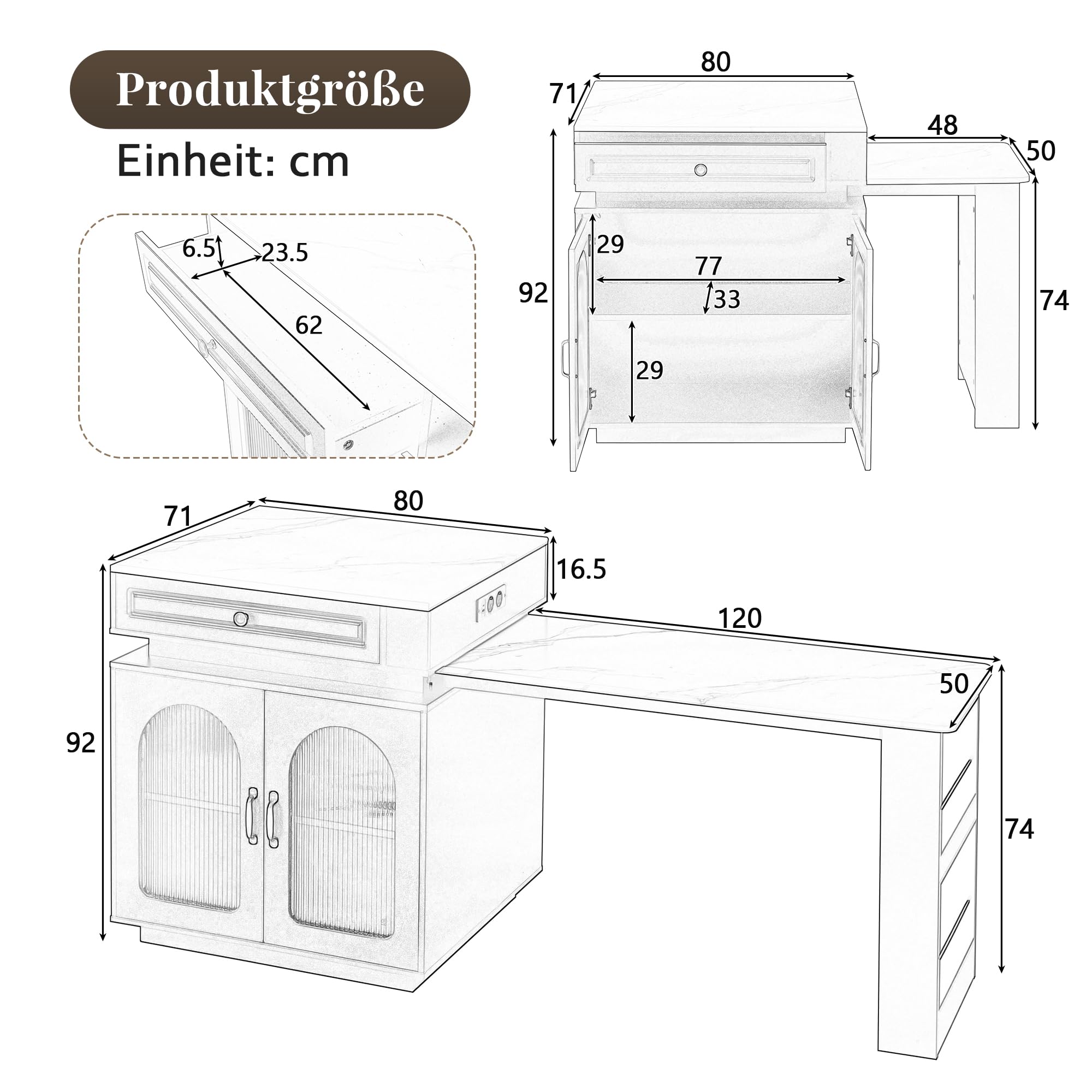 Isla de Cocina con LED, Mesa Extensible con Tablero Extraíble y Regletas de Enchufes, Mesa Alta con Puerta de Cristal y Cajones, Modern Mueble Buffet con Almacenamiento, 128~200×71×92cm (Negro)