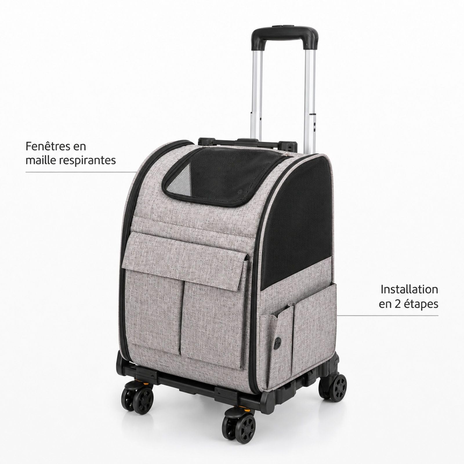 Sac de Transport à roulettes pour Chat et Chien jusqu'à 8,1 kg, Gris, avec poignée télescopique, bandoulière et gamelle Pliable