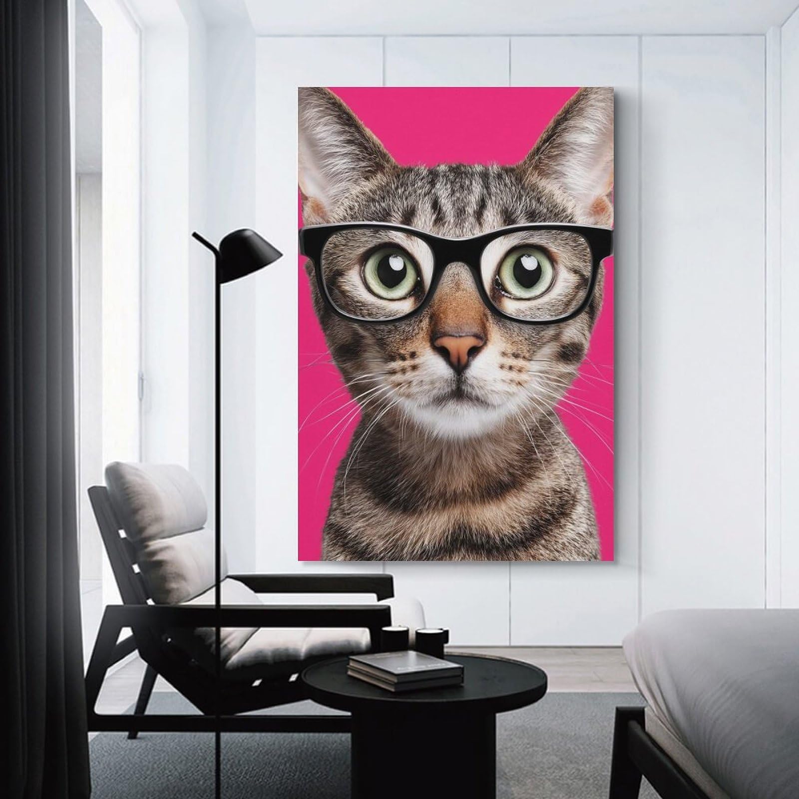 Junmoney Cat with Glasses on Pink Background Home Decor Wall Art, 24x36inch(60x90cm), for New Homes, Bedrooms Or Workspaces, Gift Idea for Housewarming And Birthdays