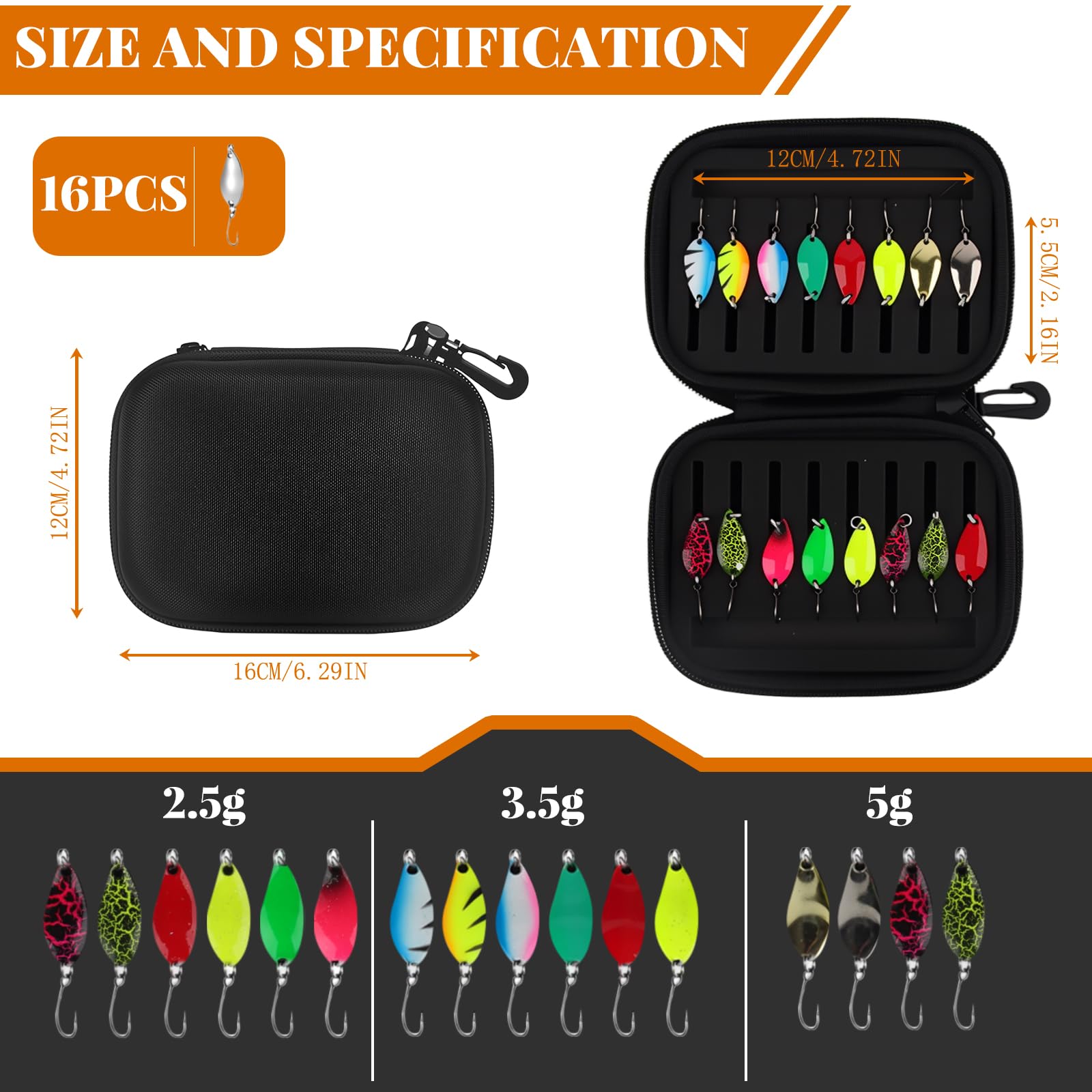 Kit De Cuillères De Pêche – 16 Leurres Métalliques 2,5g/3,5g/5g – Hameçon Simple – Pour Truite, Brochet, Perche, Sandre