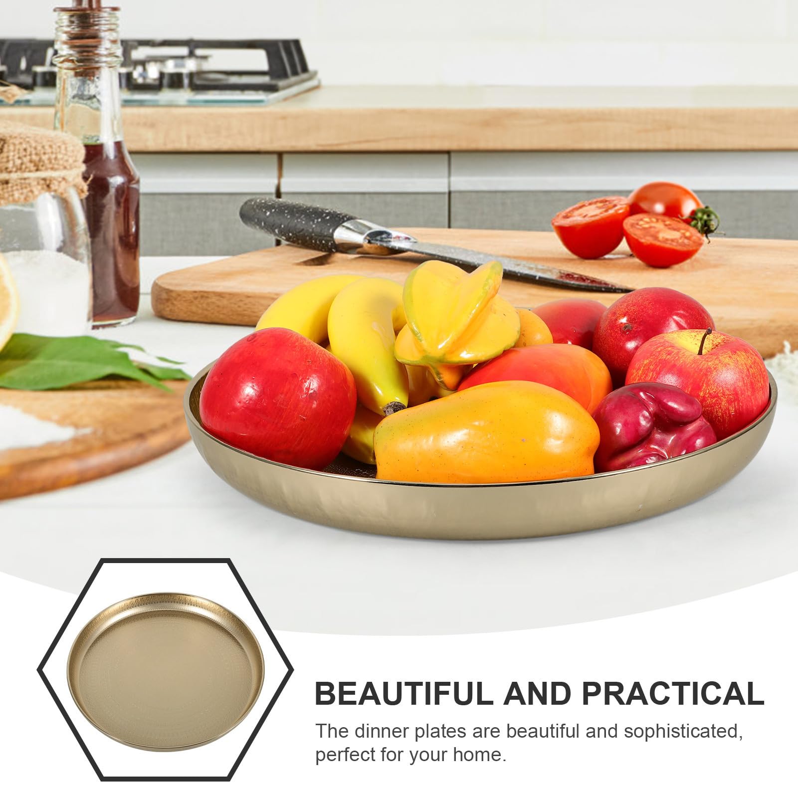 Bandeja de Metal Dorada Diseño Simple y Elegante Redonda para Servir Frutas y Té, Portátil y Fácil de Usar, Adecuado para Picnic y Fiestas
