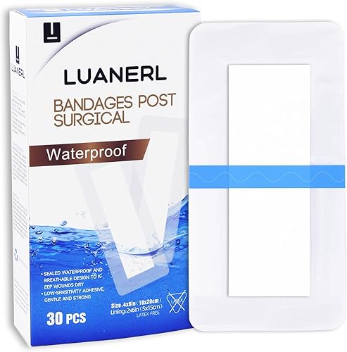 Paquete de 30 apósitos adhesivos impermeables de 4" x 8" para recuperación posquirúrgica  Vendajes de gasa estériles con borde y almohadilla