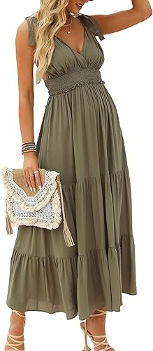 Vista 3 de DEEP SELF Vestido largo de verano con cuello en V para mujer, con tirantes delgados, dobladillo con volantes, vestidos largos con volantes