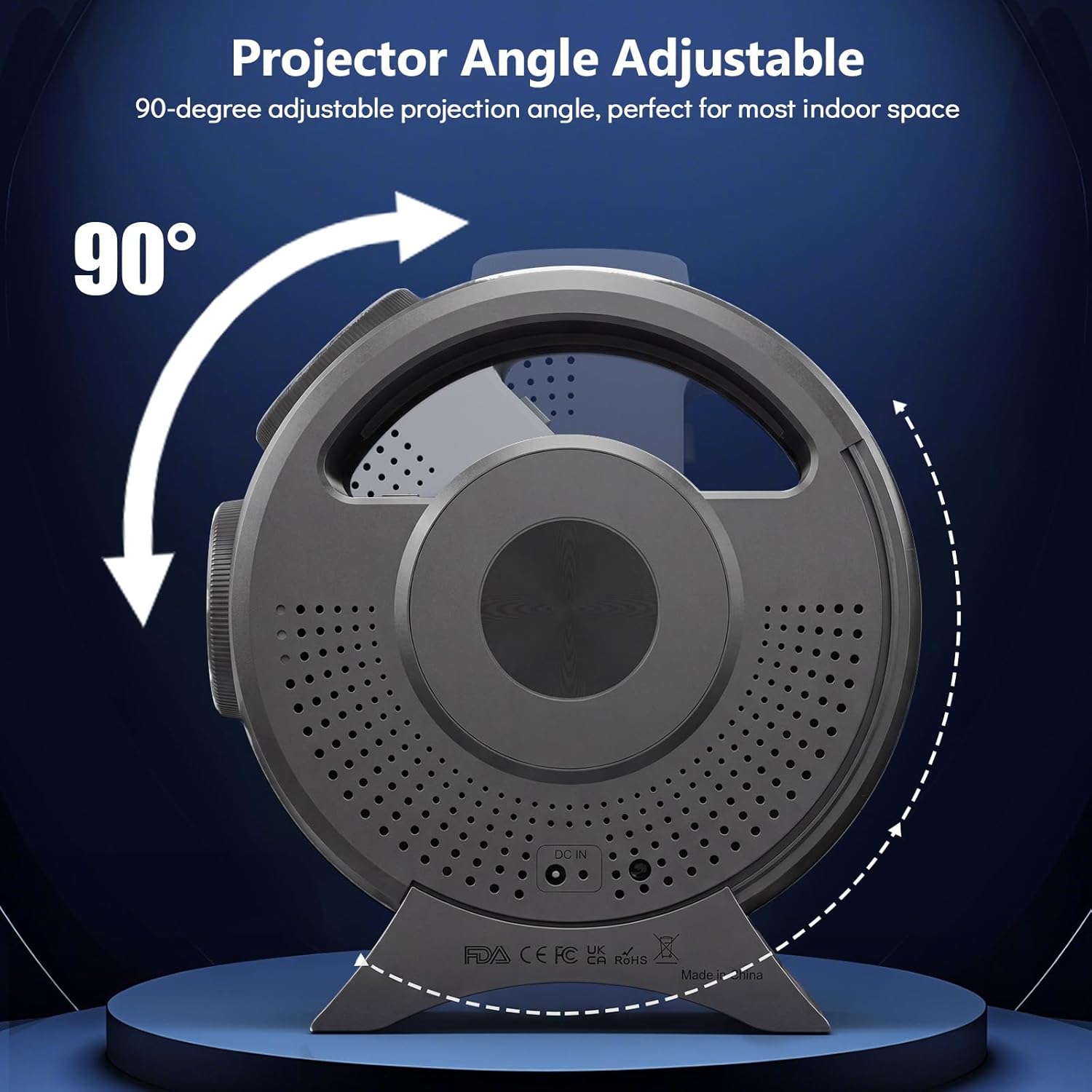 Diagram showing the Rossetta projector with a 90-degree adjustable projection angle.
