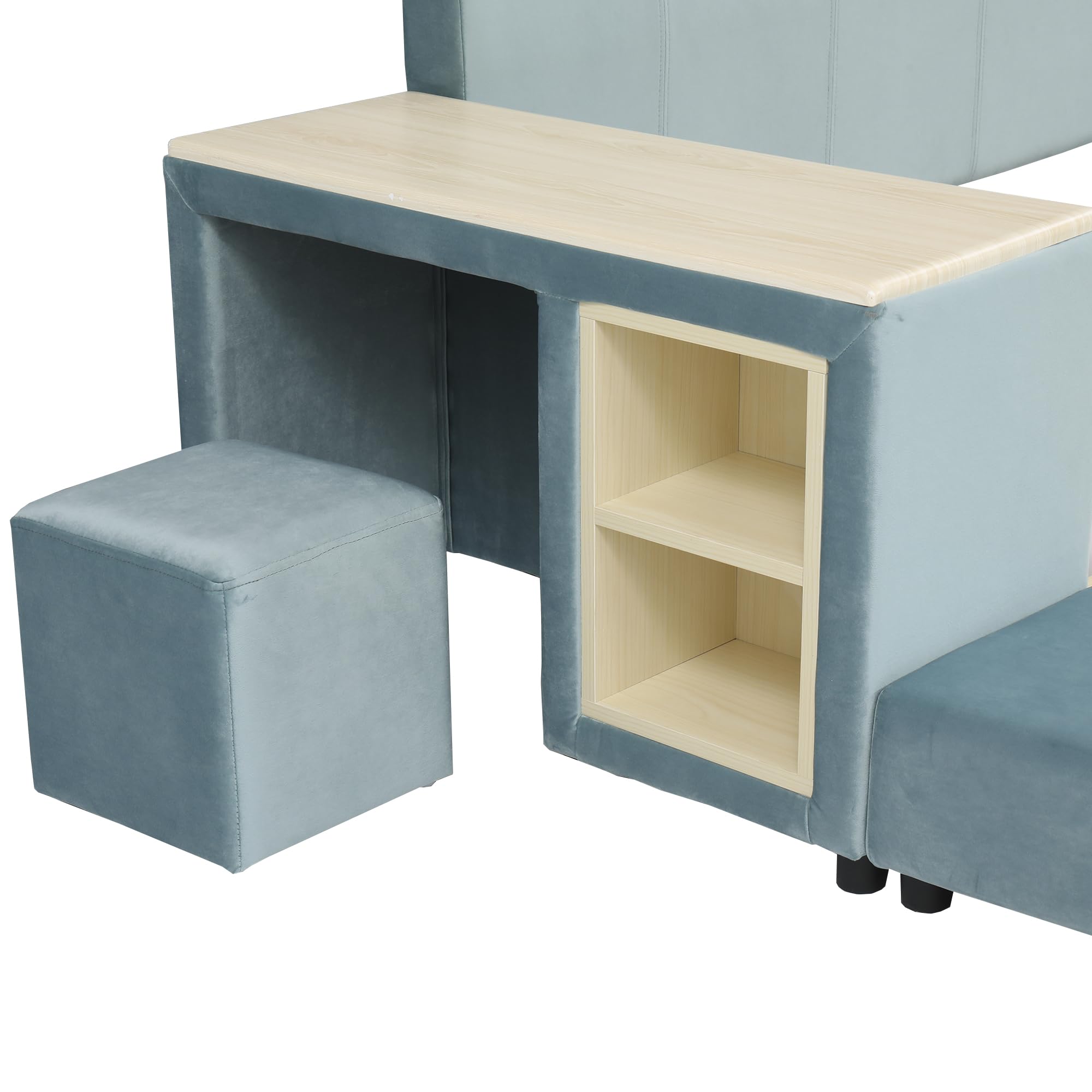 Letto imbottito con scrivania per bambini e sgabello, con ripiano, 140 x 200 cm, letto singolo, letto matrimoniale con testiera e rete a doghe, in velluto, blu