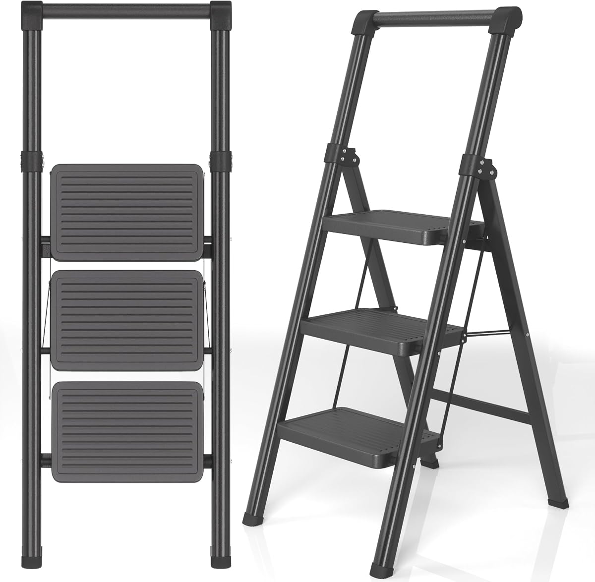 Foldable Step Ladder Stool for Home,3 Step Stool with Wide Anti-Slip Pedal, Heavy Duty 600Lbs Ladder for Indoor Kitchen Closet Stair Use, Black