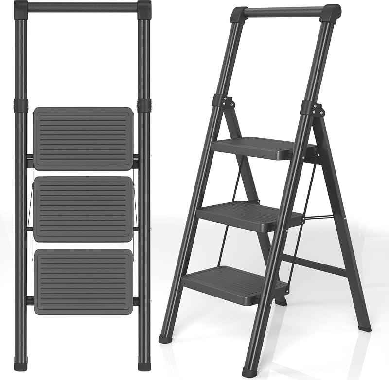 Foldable Step Ladder Stool for Home,3 Step Stool with Wide Anti-Slip Pedal, Heavy Duty 600Lbs Ladder for Indoor Kitchen Closet Stair Use, Black