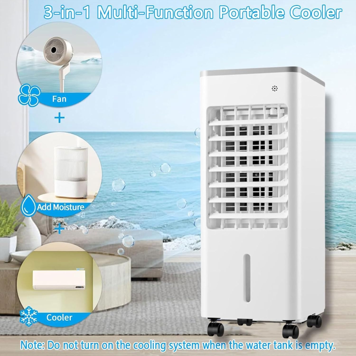 Climatiseur Évaporatif Mobile, Rafraîchisseur d'Air Silencieux 4 en 1, humidifier, Ionisé et Ventilateur, 3 Vitesses, 3 Modes, Réservoir 6L, Minuterie 7.5 h, Télécommande (Noir)