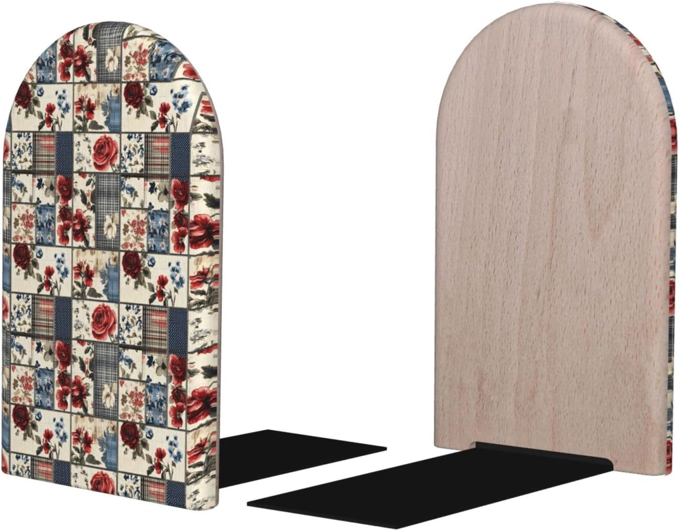 Book Ends for Shelves 1 Pair – Vintage Rose Plaid Print Wood with Metal Base Bookends for Heavy Books, Book Stand Organizer Holder for Books Movies