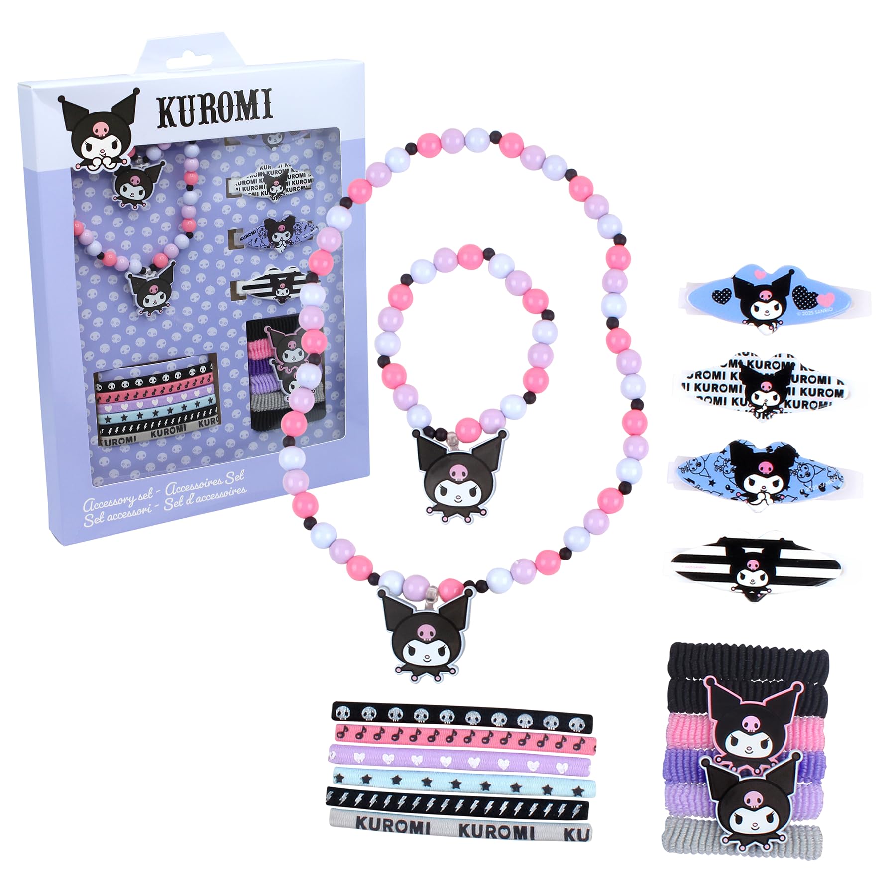 Set Accessori Kuromi Bambina – Collana, Bracciale Con Perline E Cerchietto Orecchie Con Teschio Glitterato, Style Kawaii Sanrio