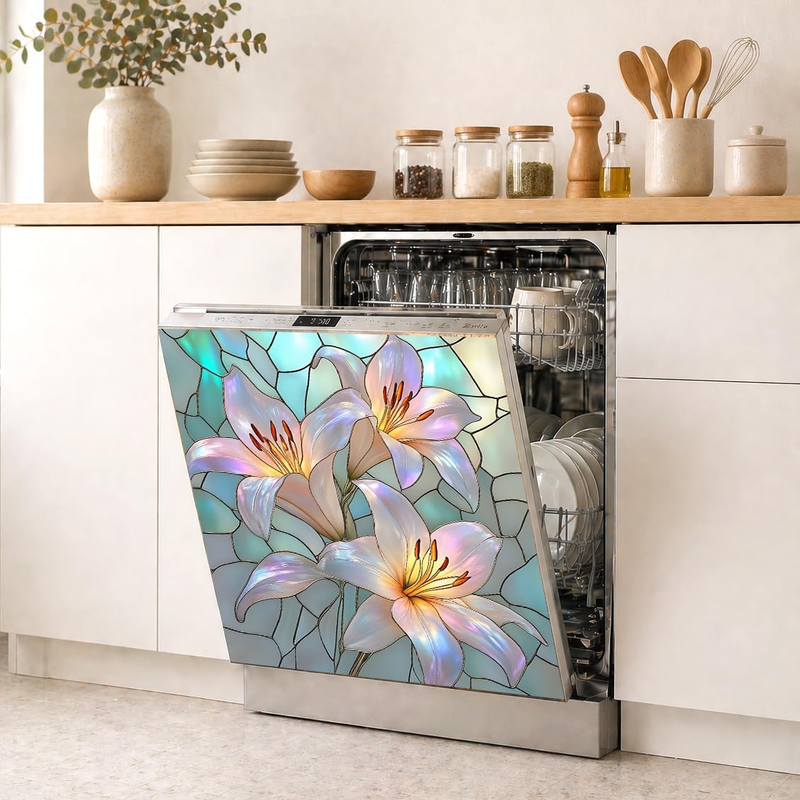Magnetic Dishwasher Cover 23x26 Inch, Stained Glass Lily Floral Decor
