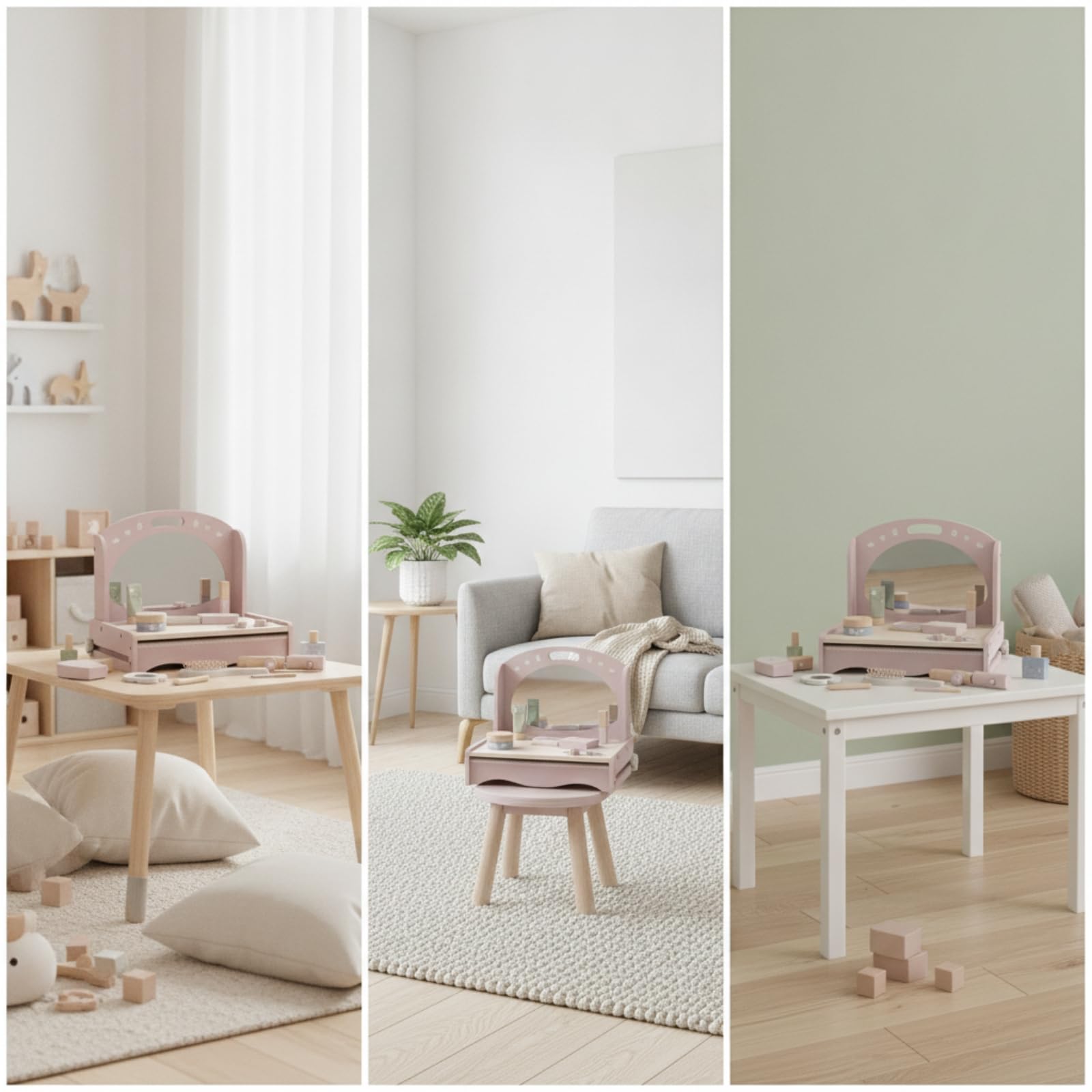 Gralara Toeletta Giocattolo in Legno Resistente | Sicuro, Durevole, Specchiera con Accessori, per Gioco di Ruolo, Cameretta