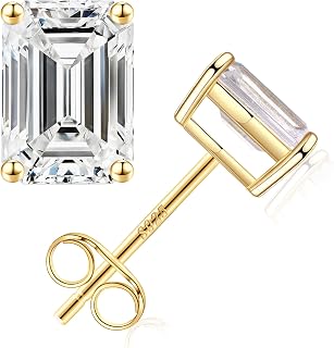 S925 Sterling Silver Stud Earrings Set for Women, Emerald Cut Simulated Diamond Stud Earrings Hypoallergenic CZ Stud Earrings for Women Vermeil White Gold/Gold/Black/Rose Gold 1/3/4 Pairs Earrings Set