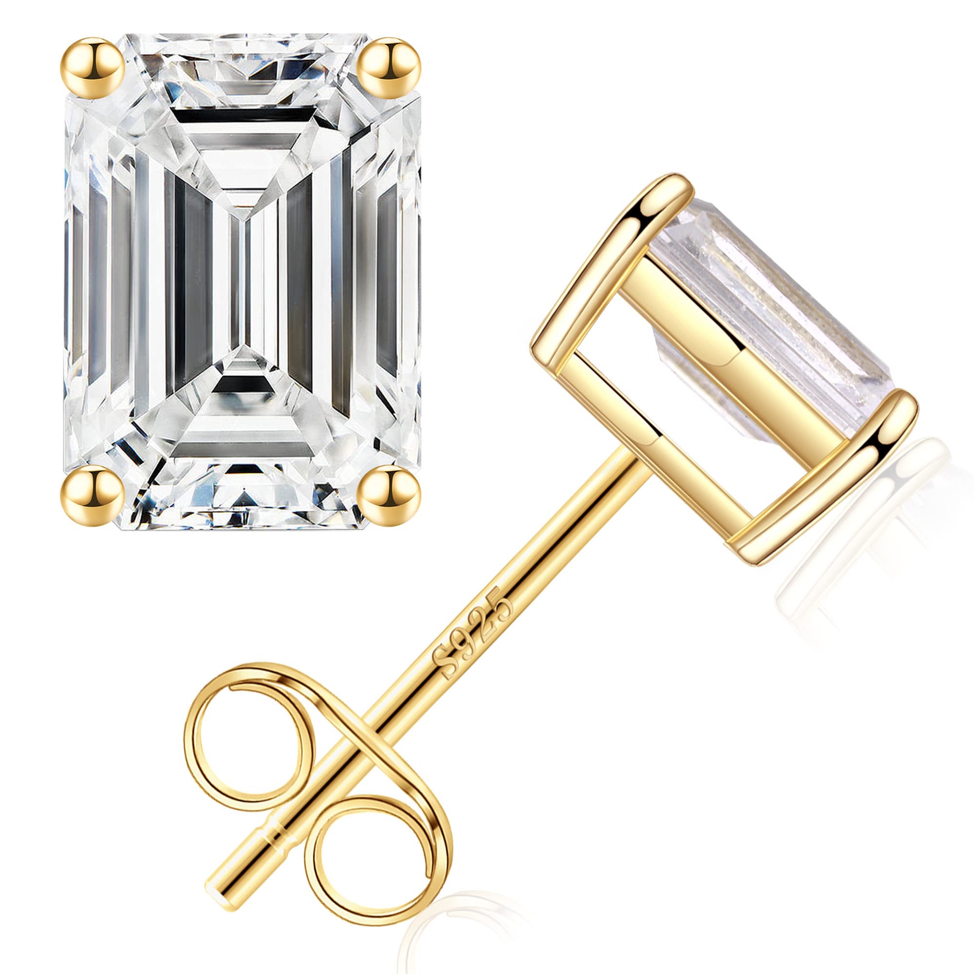 STORUPS925 Sterling Silver Stud Earrings Set for Women, Emerald Cut Simulated Diamond Stud Earrings Hypoallergenic CZ Stud Earrings for Women Vermeil White Gold/Gold/Black/Rose Gold 1/3/4 Pairs Earrings Set