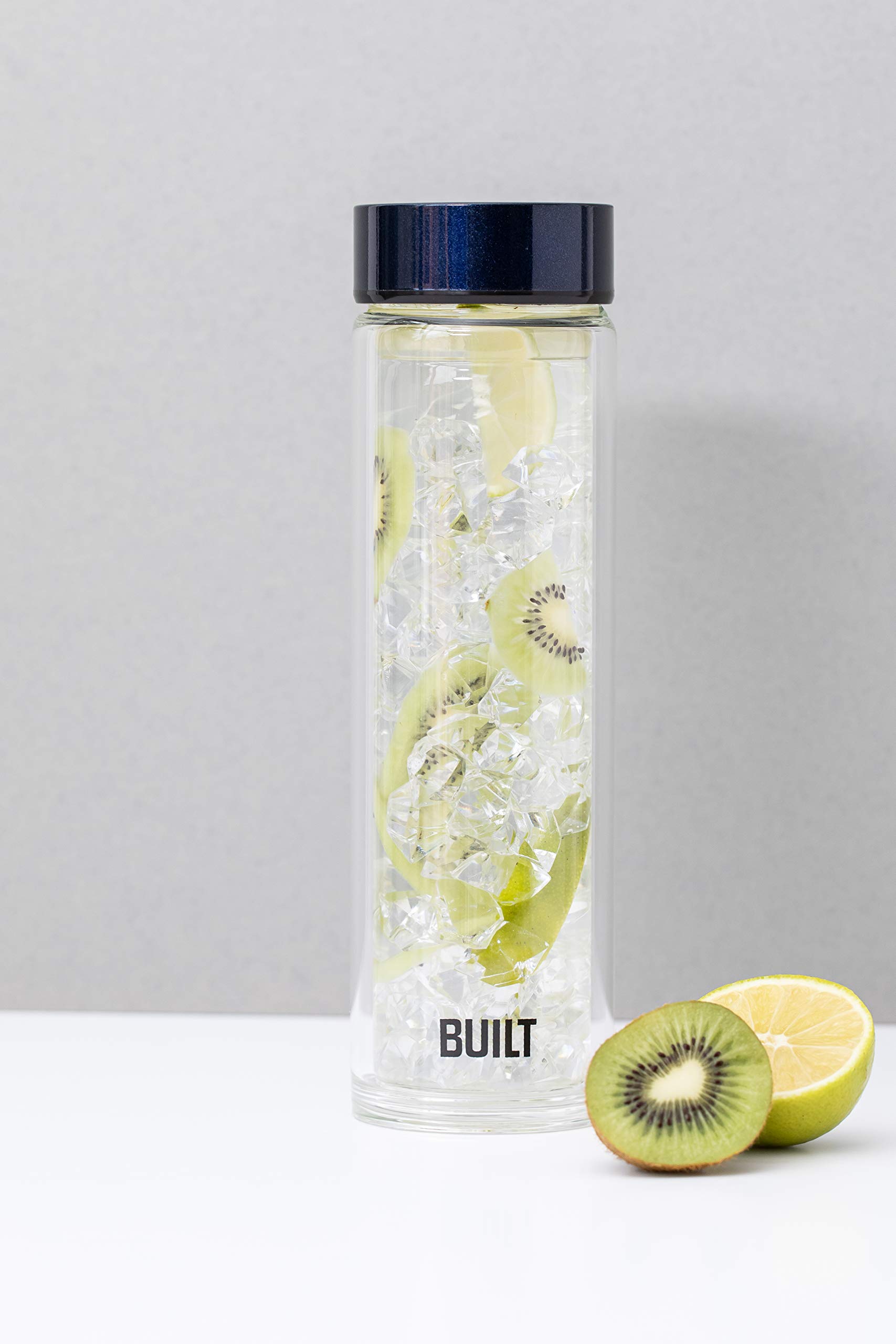 BUILT Tiempo Isolierte Glas-Wasserflasche, BPA-freies Borosilikatglas / Edelstahlflasche, Mitternachtsblau, 450 ml