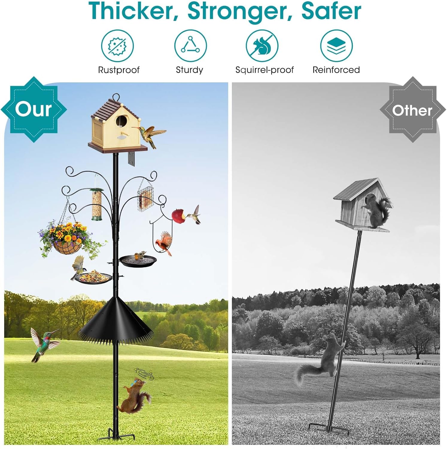 108 Inch Bird Feeder Pole Squirrel Proof, Heavy Duty Bird House Pole, Adjustable Bird Feeder Stand with 5 Shepherds Hooks, 2 Mental Trays, Hummingbird Swing