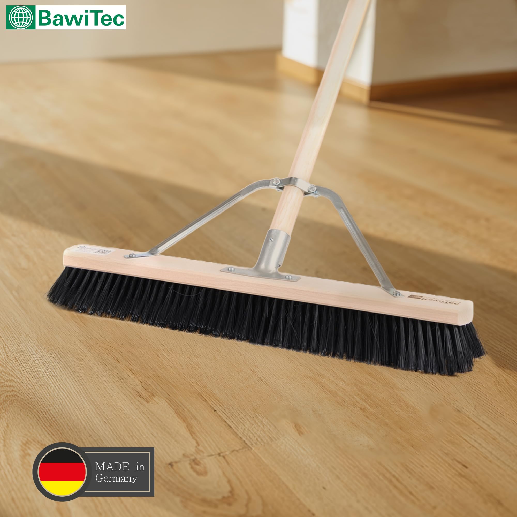Profi Saalbesen 60cm mit Stiel 160cm weiche Kunsthaar Borsten Besen Stabi | Spezieller Stielstabilisator/Zusatzhalterung, Besenstiel Ø28mm, Weiche Feine Kunsthaar-Poly-Borsten