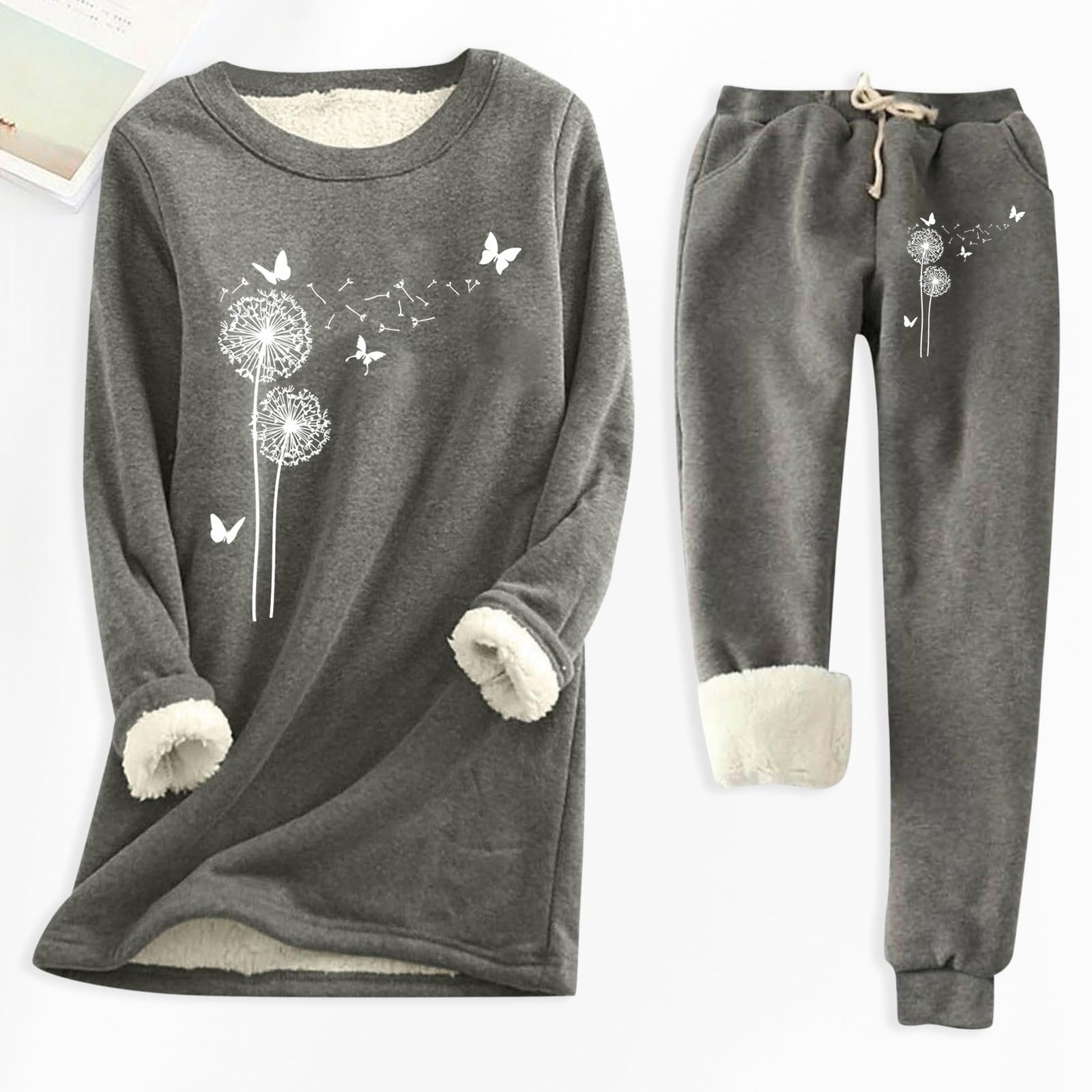 Generisch Pigiama da donna in pile con stampa, set di due pezzi, con pantaloni per il sonno, invernale, termico, morbido, loungewear da jogging, tuta sportiva, pantaloni casual, 2 pezzi