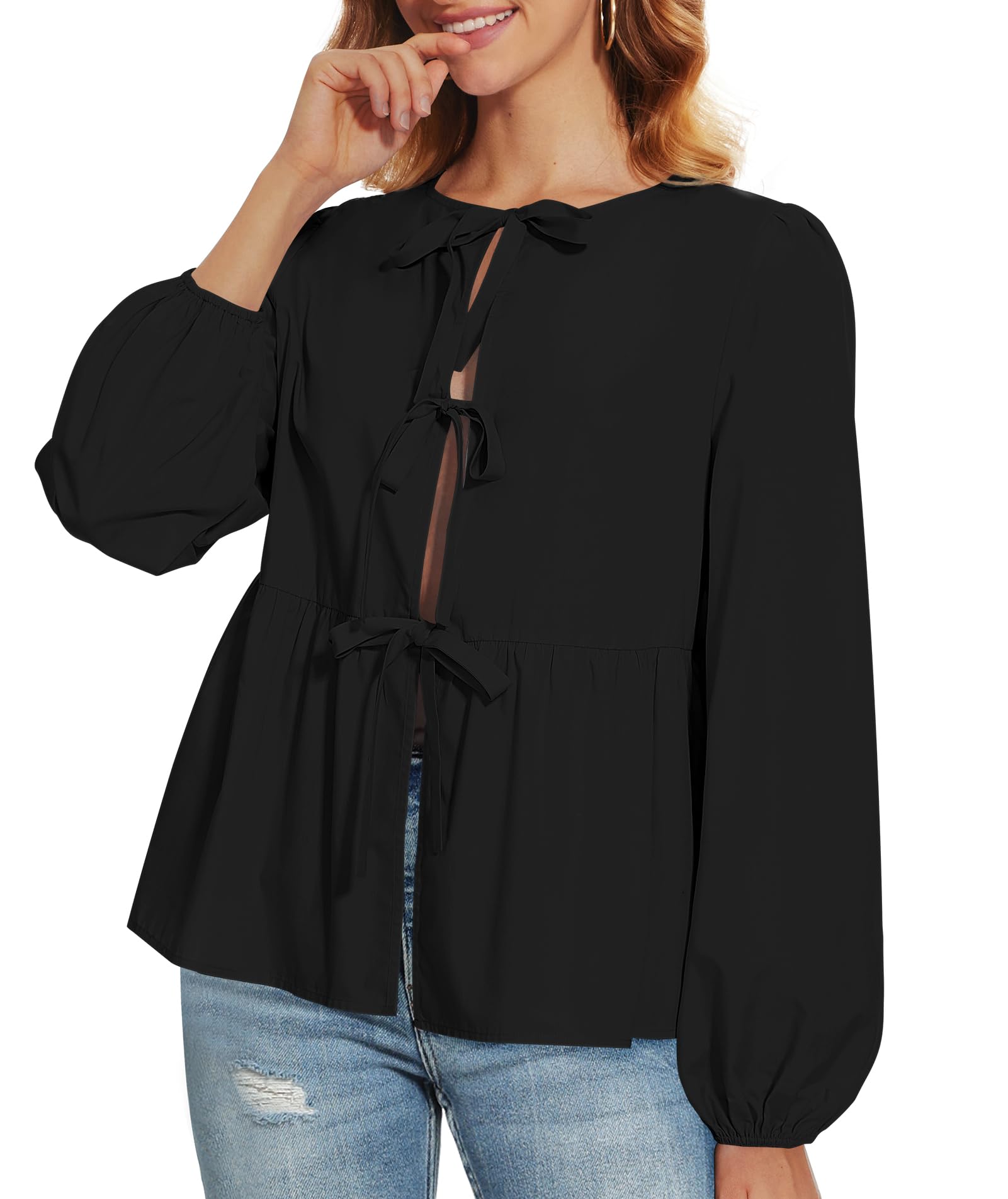 Casly Lamiit Tie Front Tops for Women Puff Long Sleeve Shirt Peplum Hem Cute Babydoll Blouse Y2k Going Out Tops