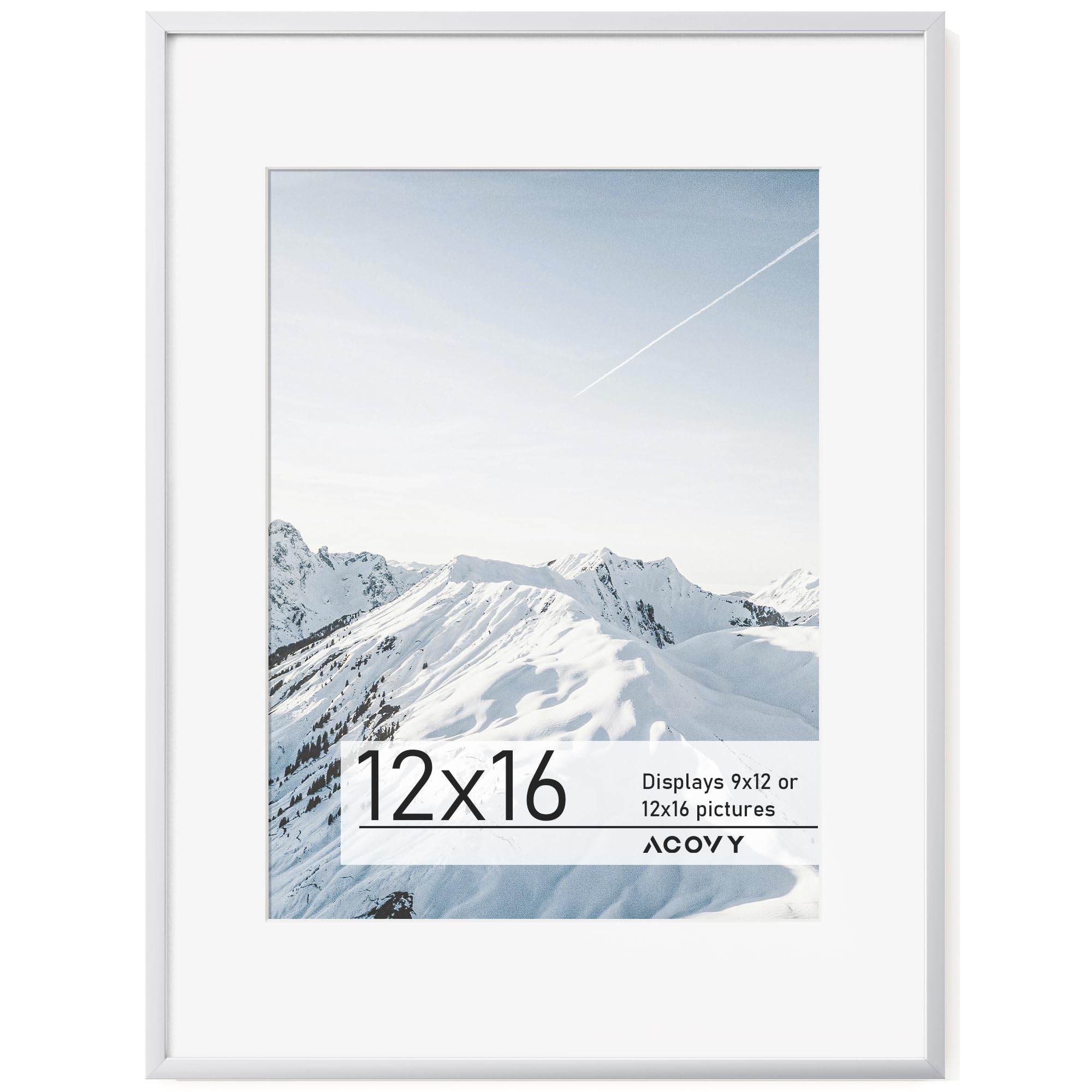 Acovy, 12x16 Aluminum Picture Frame with White Color Mat for 9x12, HD Tempered Glass, Metal Poster Frame Photo Frame for Wall Display (Silver, Pack of 1) — image 1