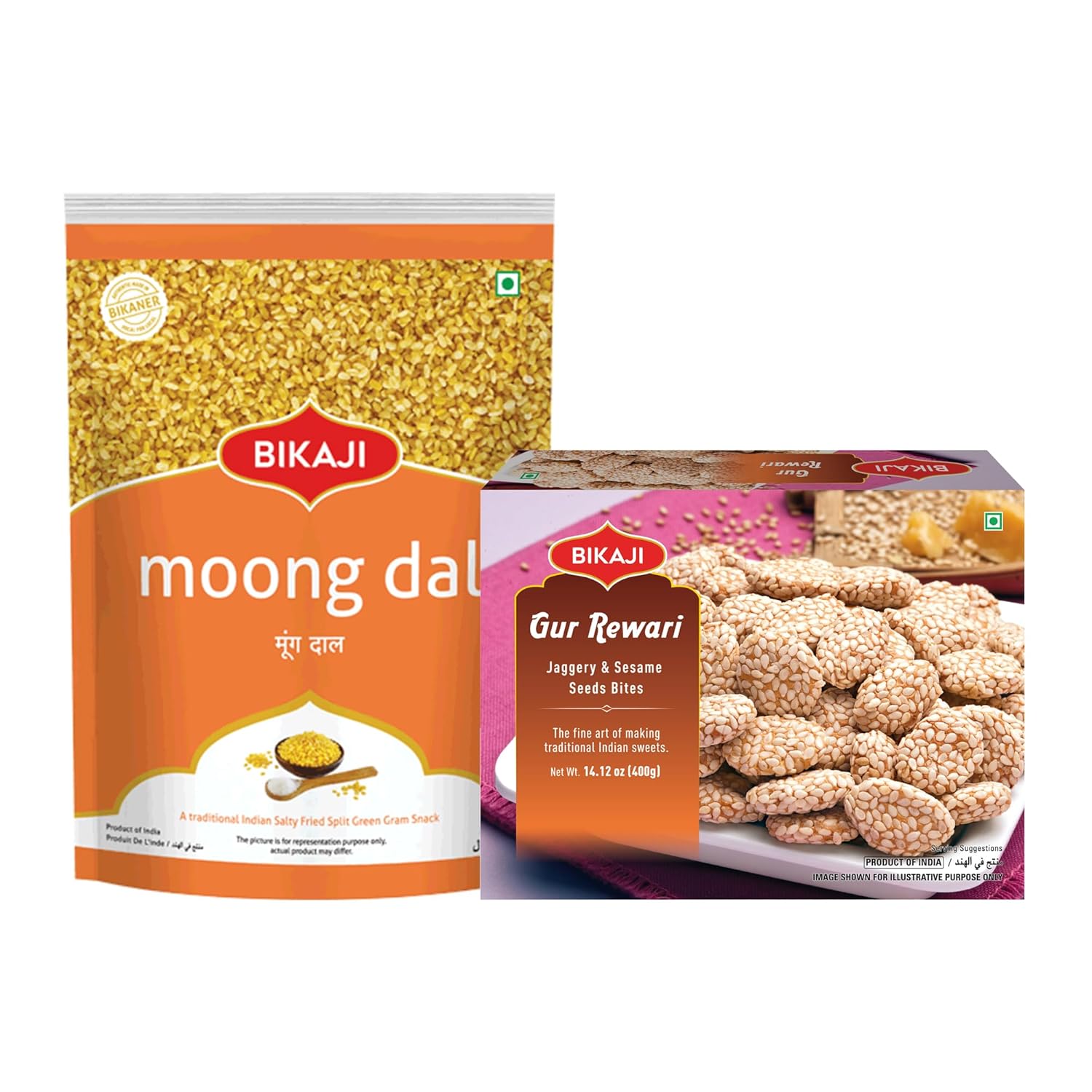 Bikaji Gur Rewari / Rewadi 400g & Moong Dal 1Kg Combo | Ready to Eat Indian Namkeen | Crunchy Bar Snack, Tea-Time Munchies & Party Mix | Authentic Munching Pack for Sharing & Everyday Snacking