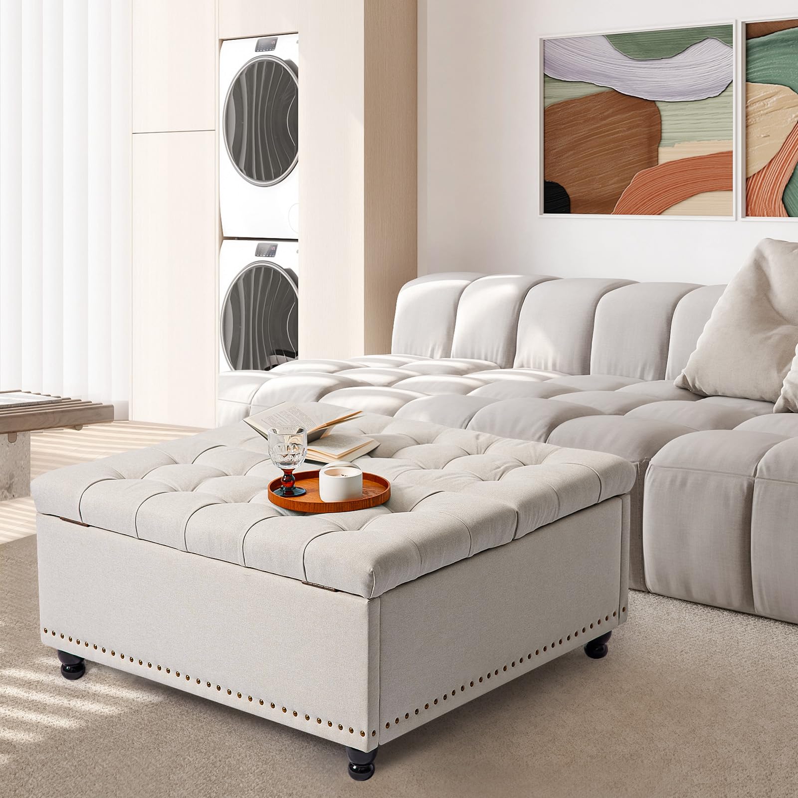 Generico Tavolino con Ottoman Contenitore, 89.9 cm Grande Ottoman Quadrato con Spazio di Archiviazione, Pouf con Contenitore Imbottito per Soggiorno (Beige